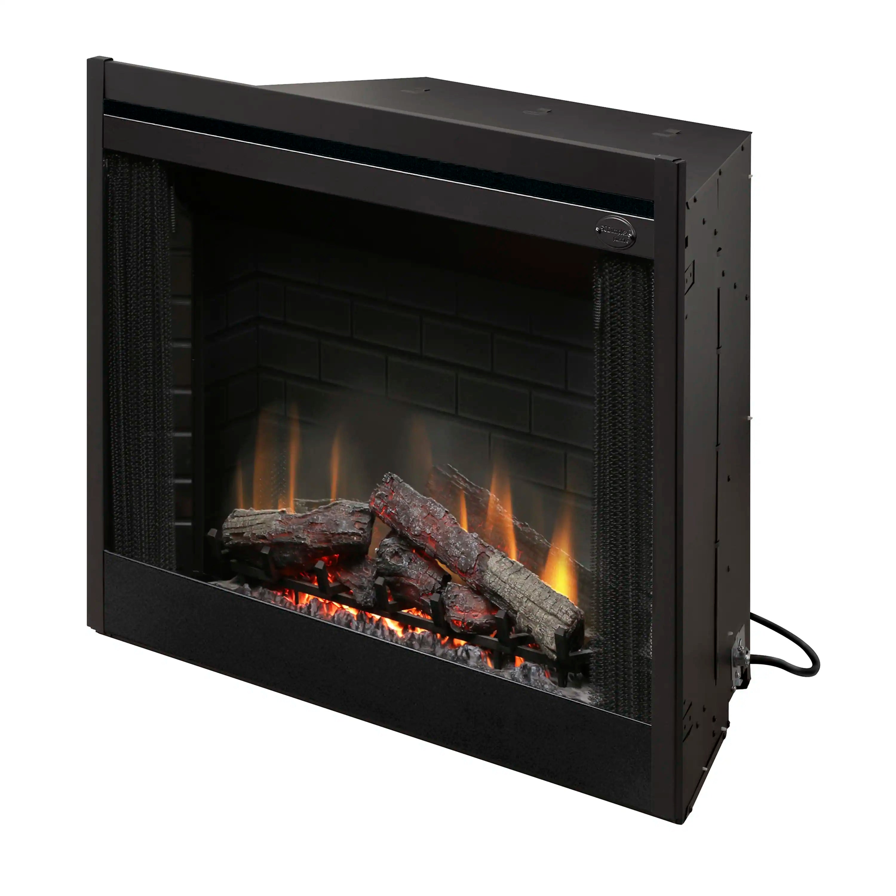 Black electric fireplace insert with brick-effect interior, glowing embers and log arrangement