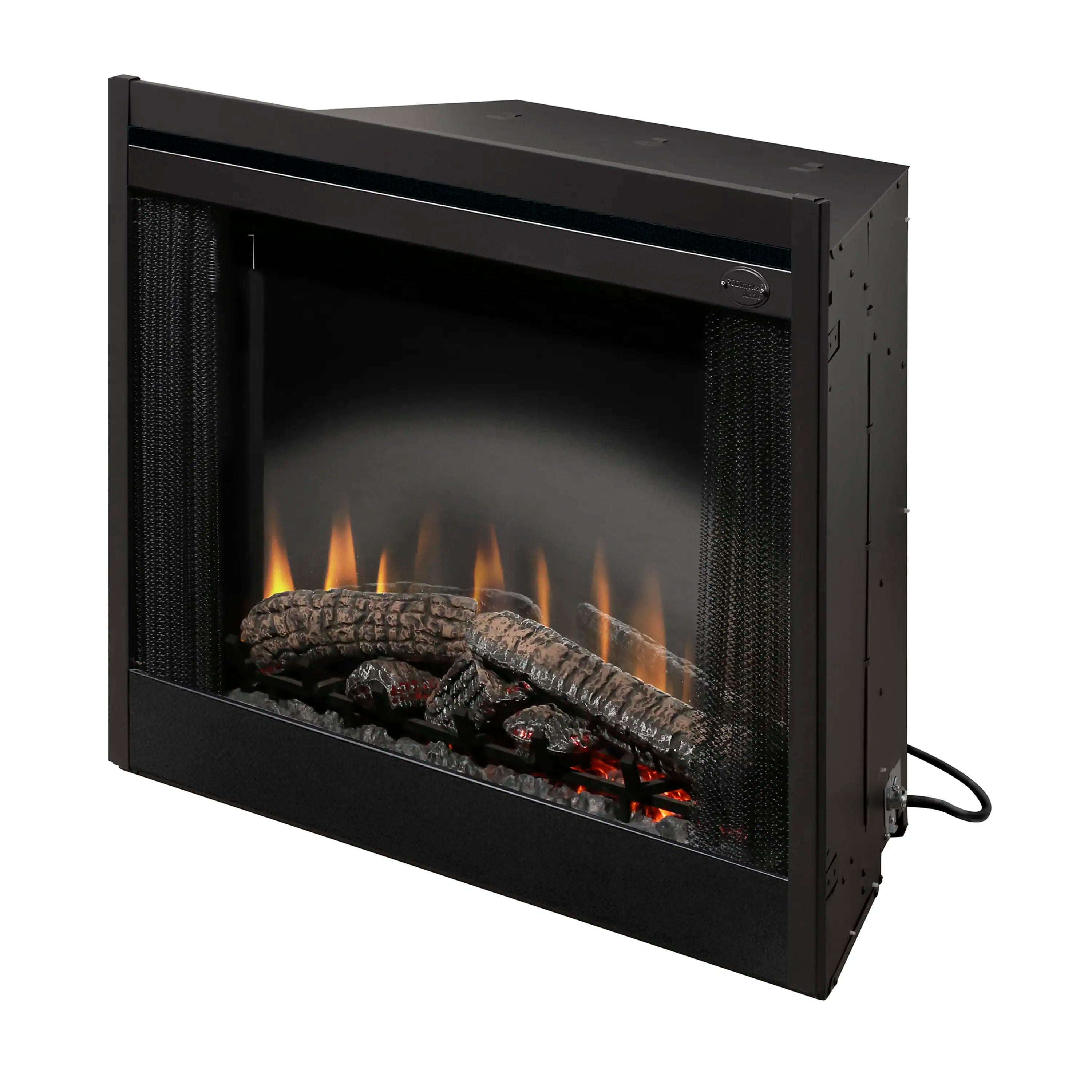 Black electric fireplace insert with mesh grille and glowing logs flame effect