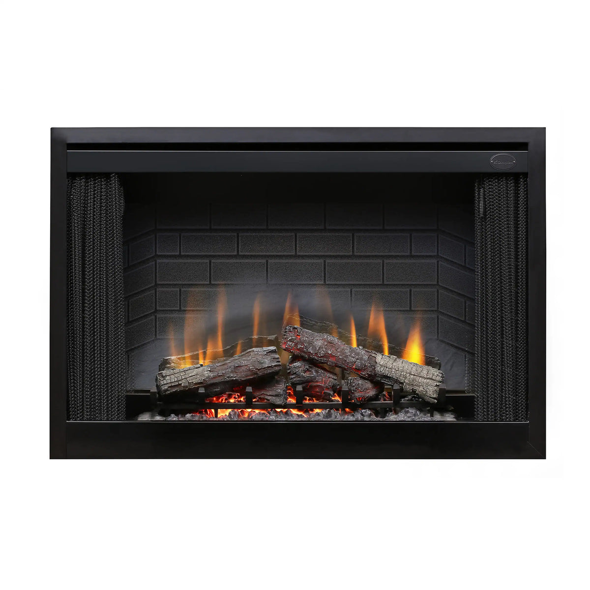 Built-in electric firebox insert with black frame and orange flame effect on log bed