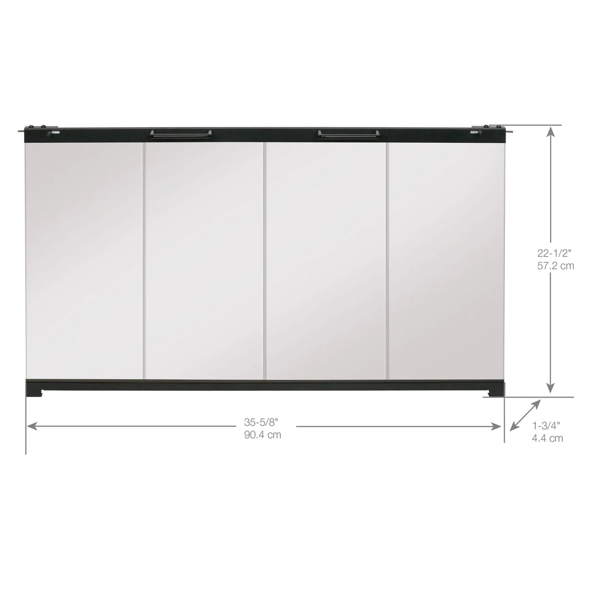 Bi-fold glass fireplace door, 35-5/8 in wide x 22-1/2 in tall, black frame