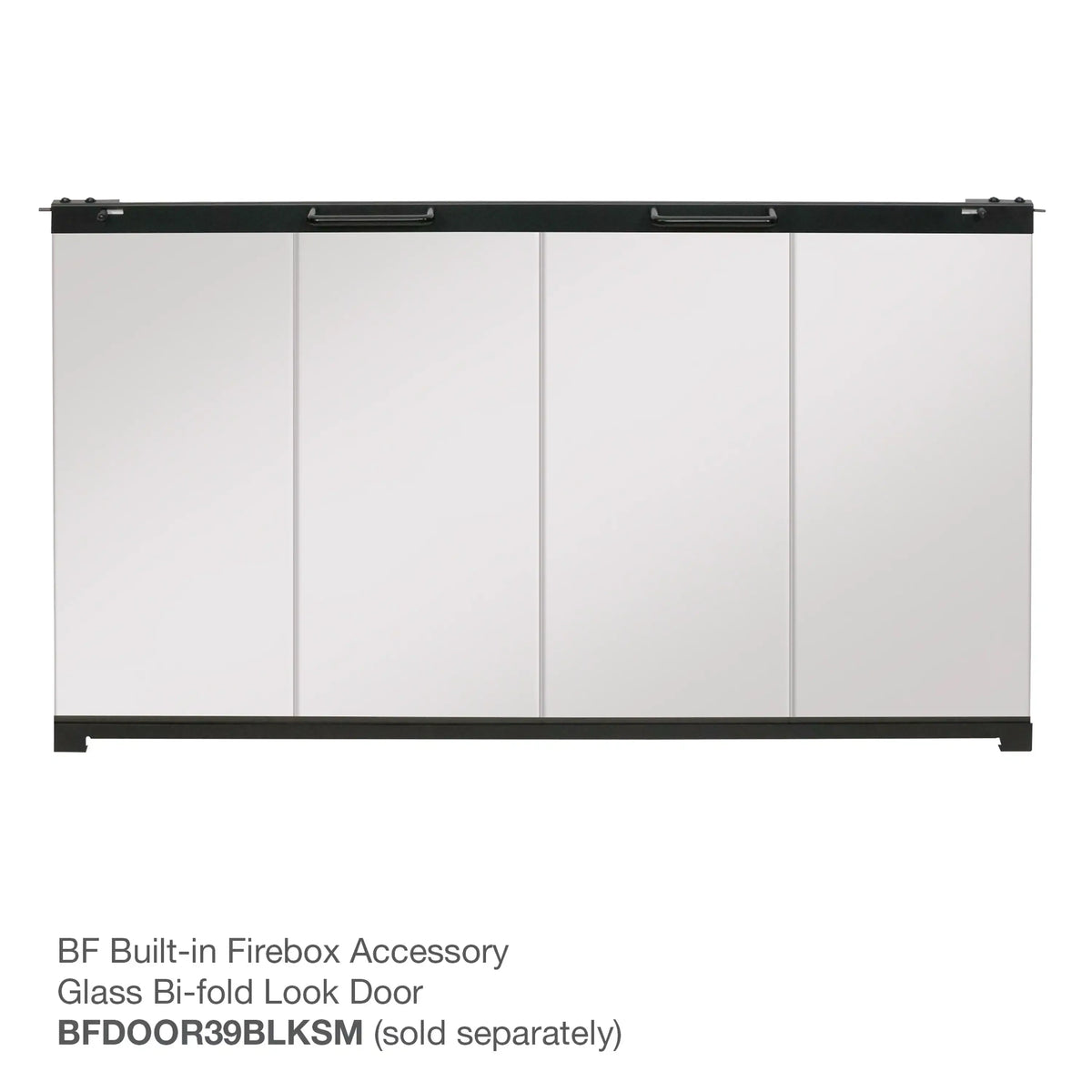 Bi-fold glass fireplace door with black frame and four vertical glass panels