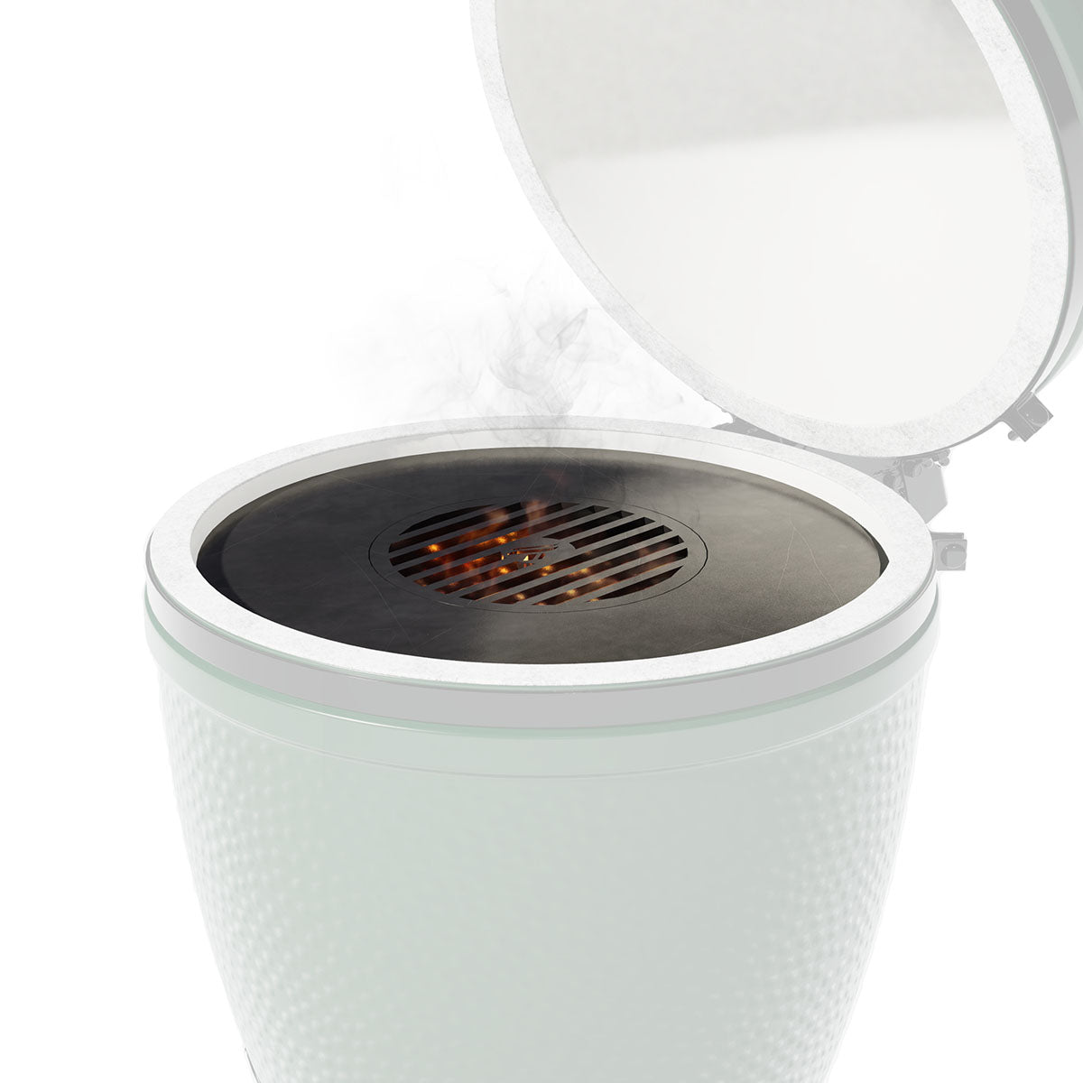 Flat top griddle insert with round vented center, set into green ceramic grill