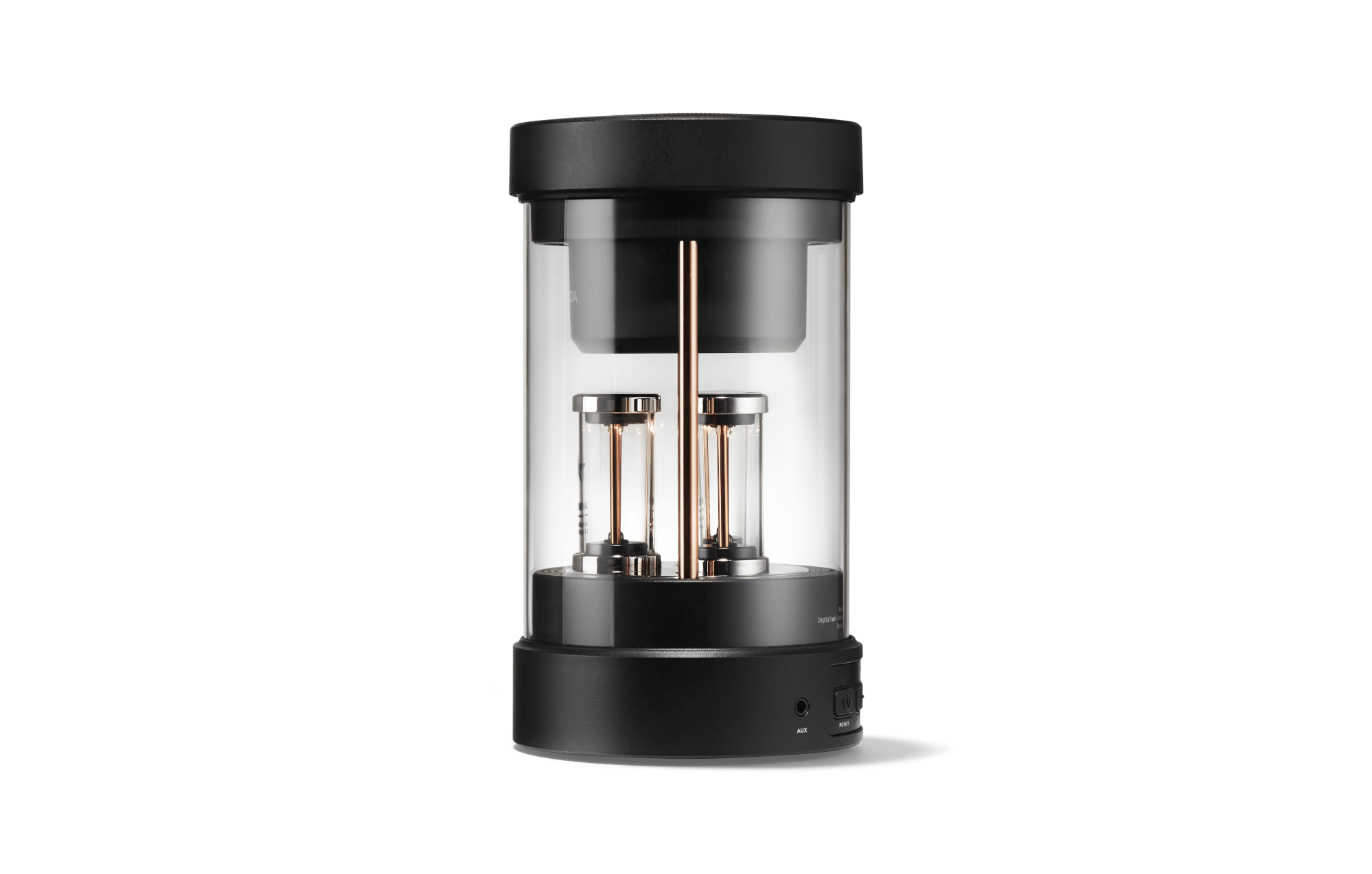 Portable Bluetooth speaker in black with side ports and transparent LED chamber