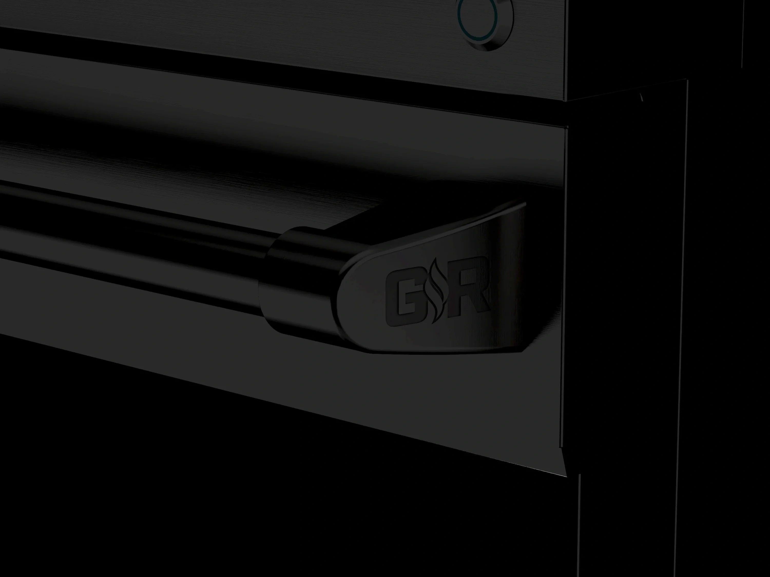 Black gas range control panel with logo detail on the front panel