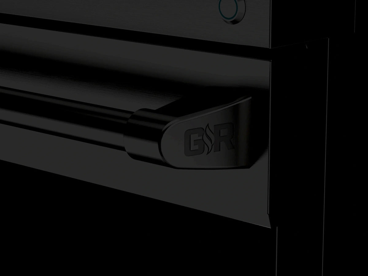 Black range control panel area with GR logo on the front