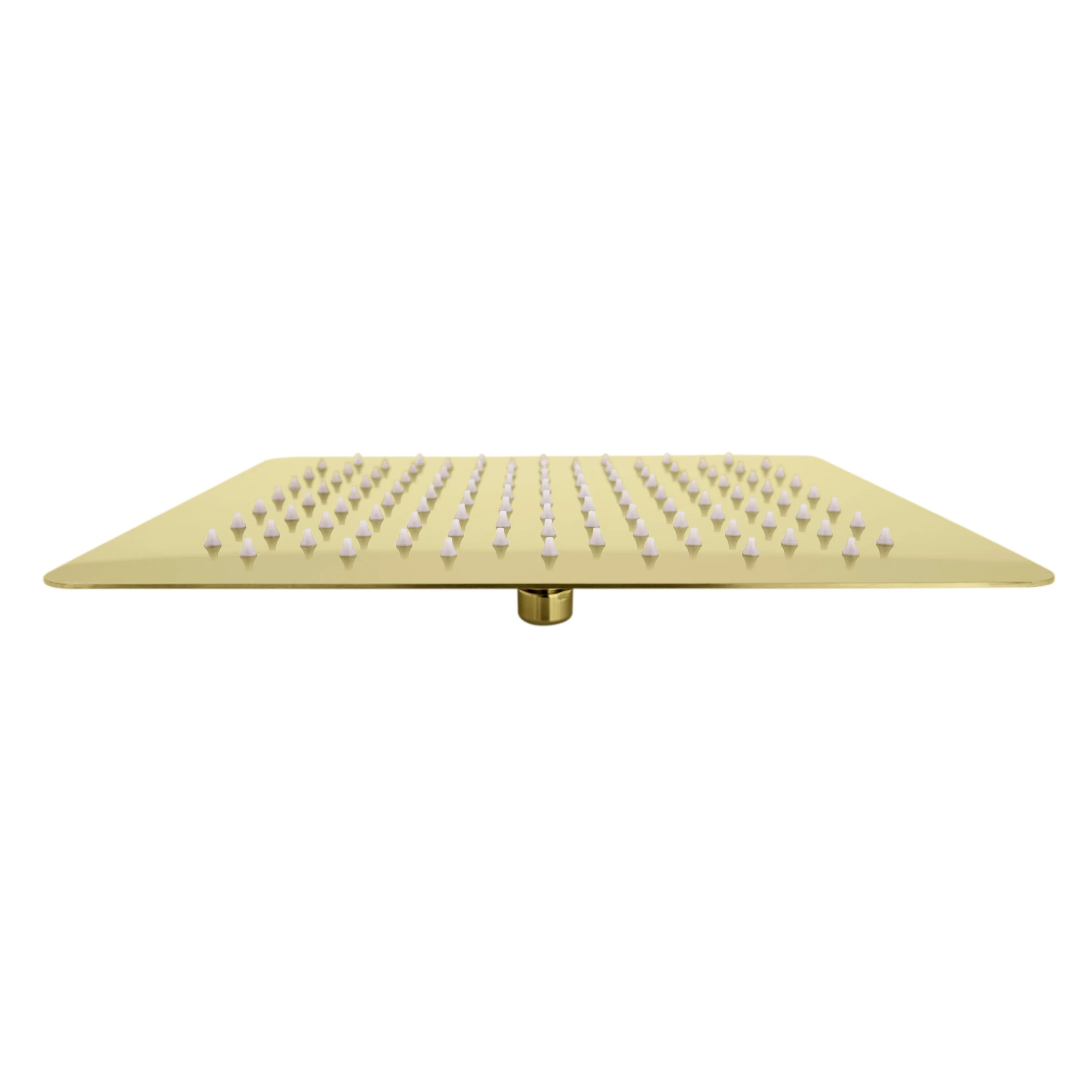 Polished gold overhead shower head with rows of spray nozzles