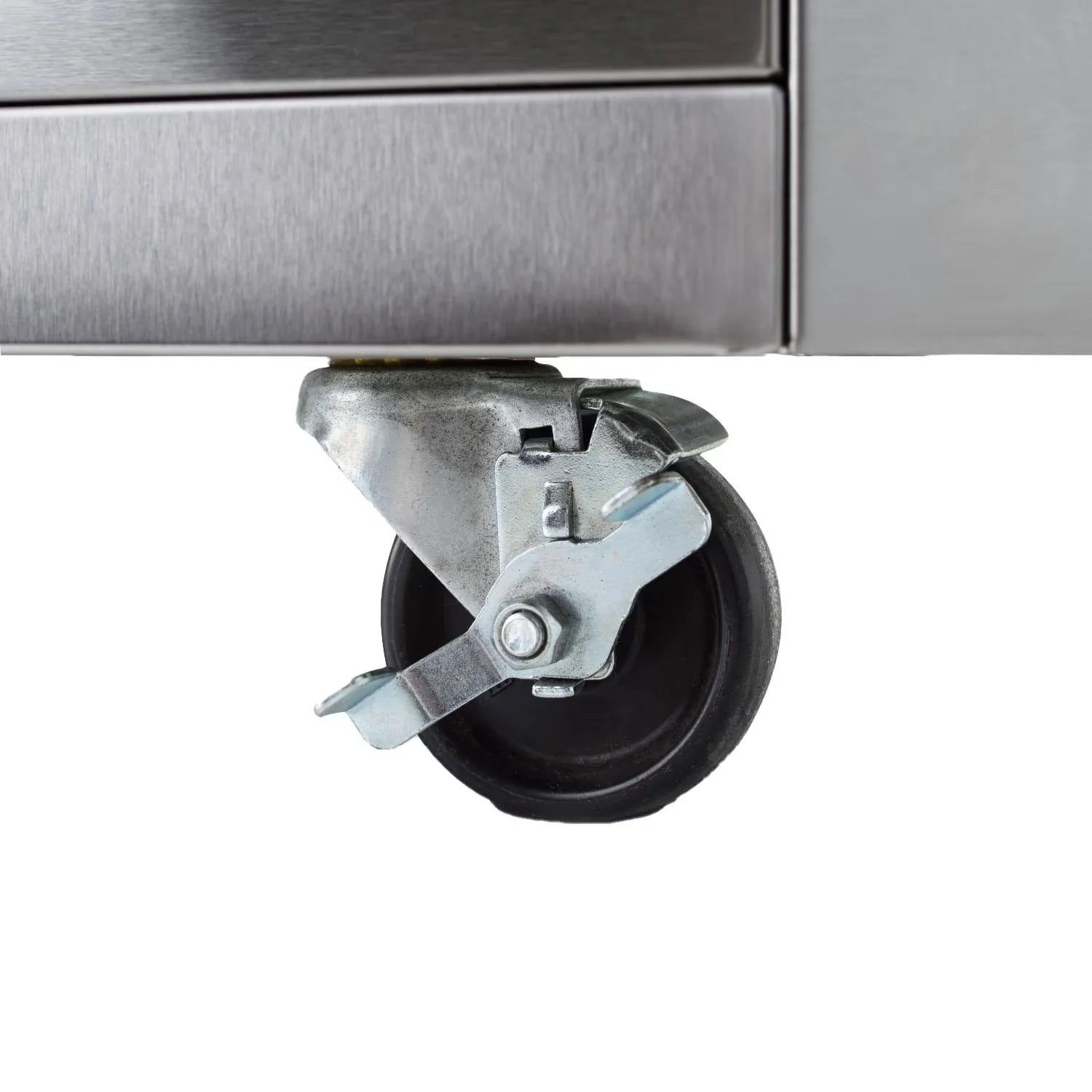 Heavy-duty caster wheel and mounting bracket on stainless gas grill