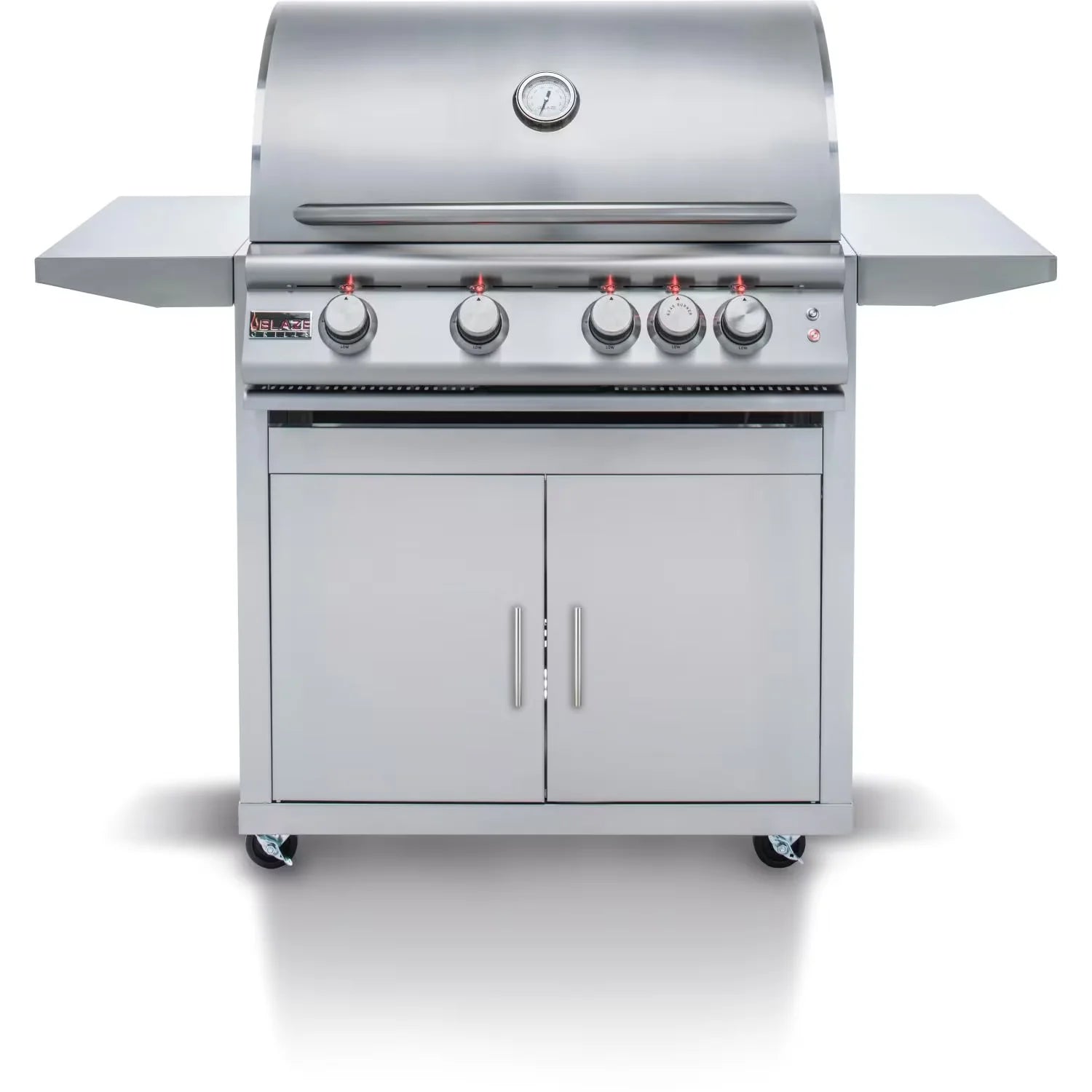 Front view of stainless 4-burner natural gas grill with control knobs and cabinet doors