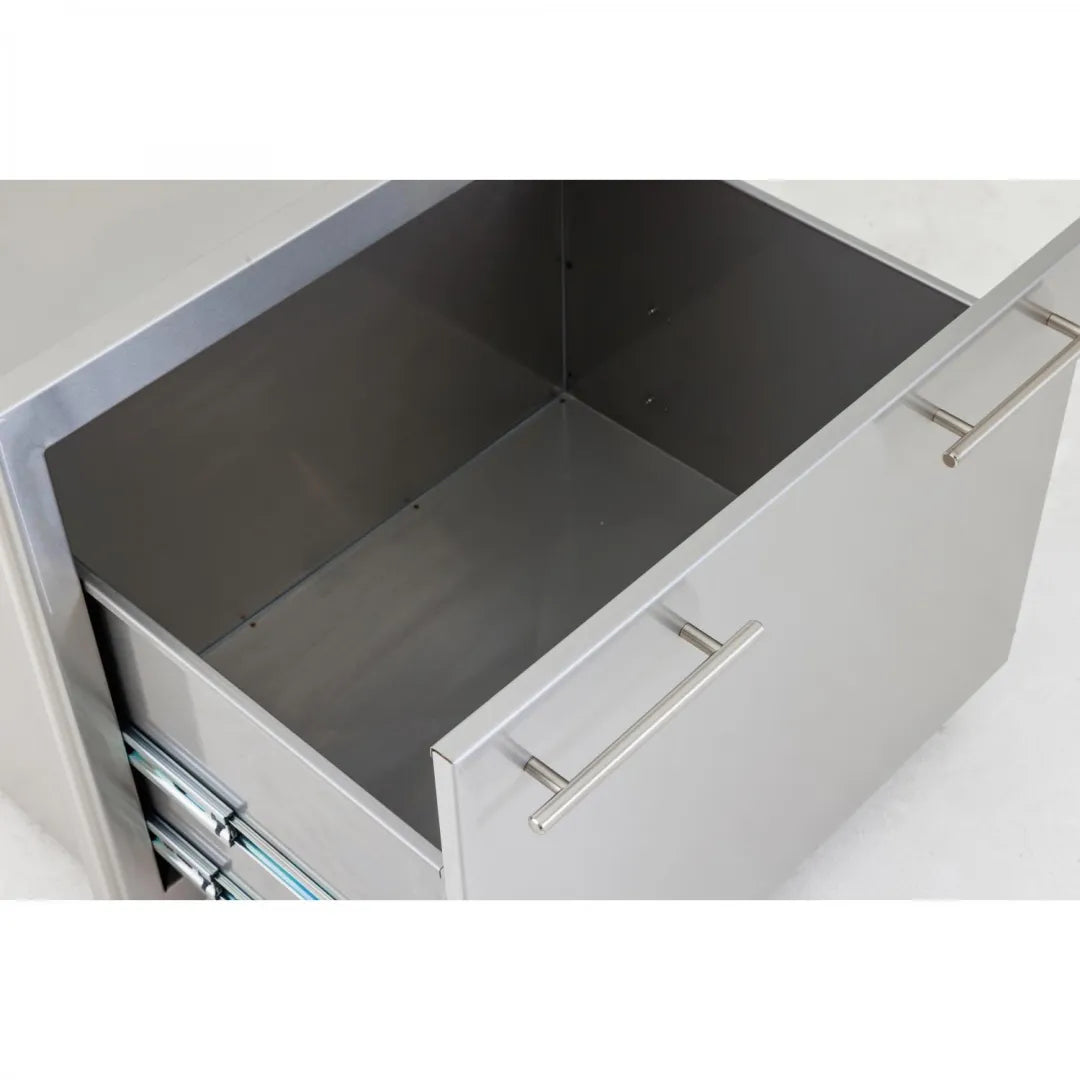Open stainless insulated ice drawer with metal interior and two bar handles