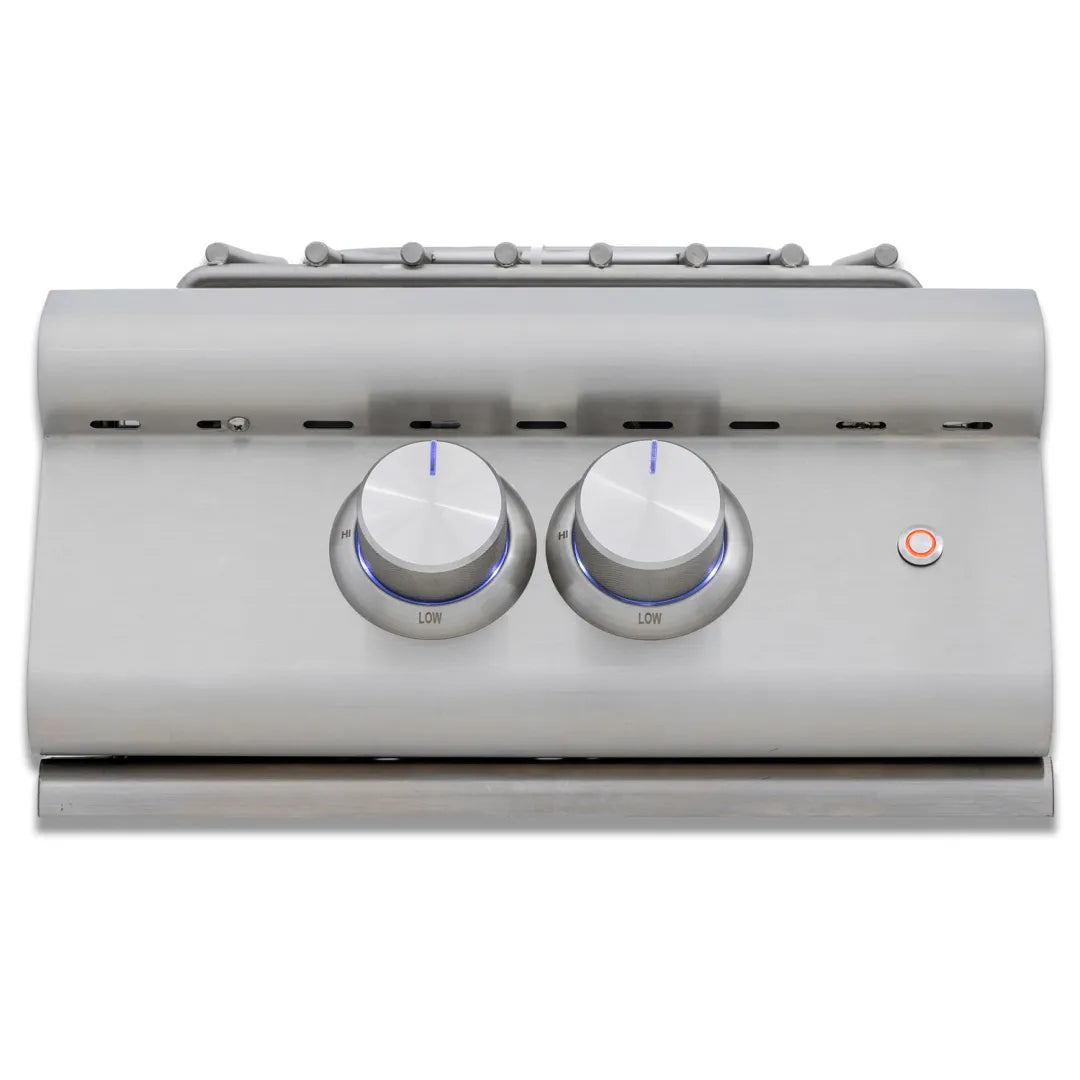 Stainless steel built-in propane power burner with two control knobs and wok ring