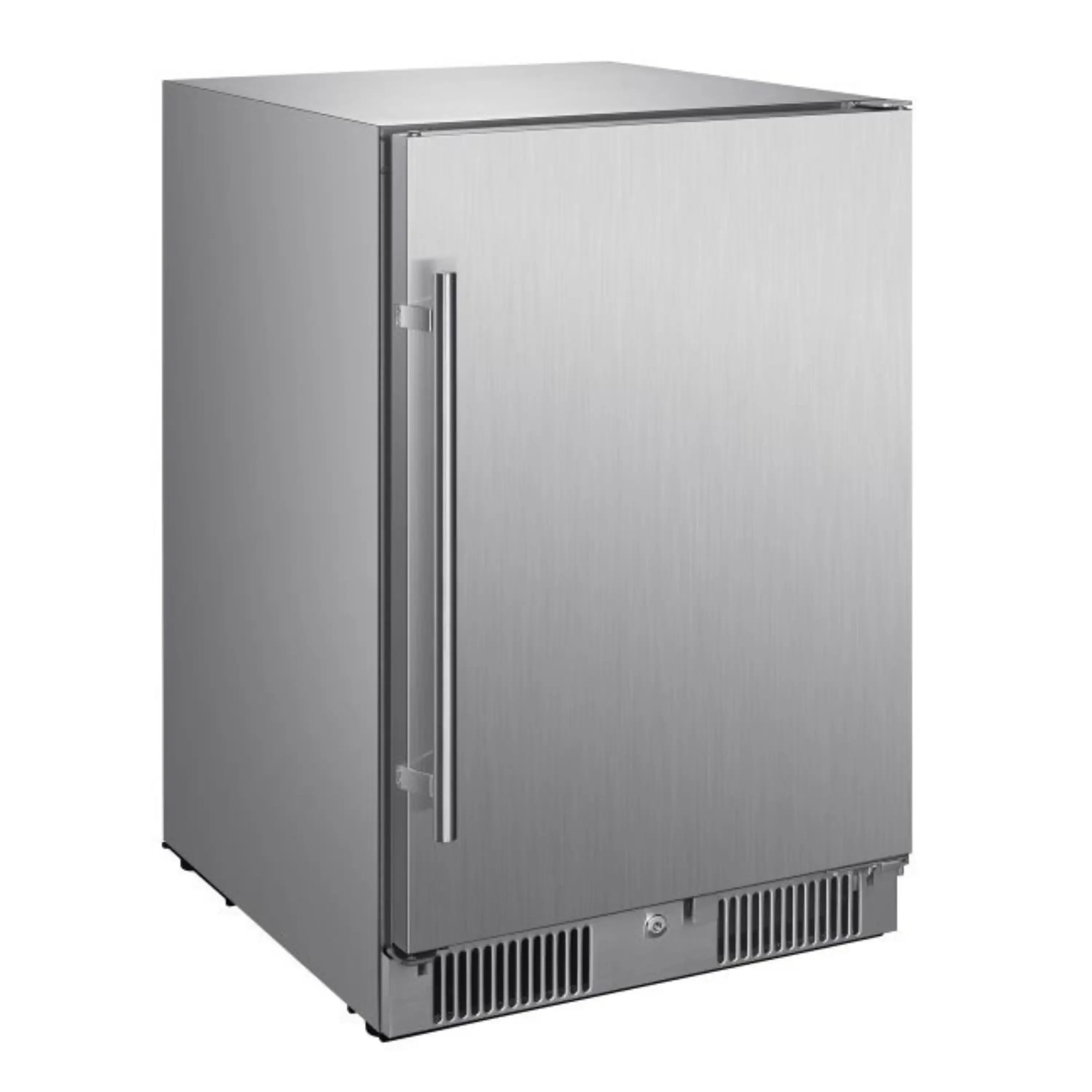 Stainless steel compact refrigerator with side handle and bottom vent grilles