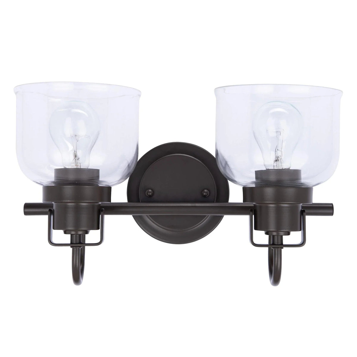 2-light vanity sconce with clear bell glass shades and oil-rubbed bronze backplate
