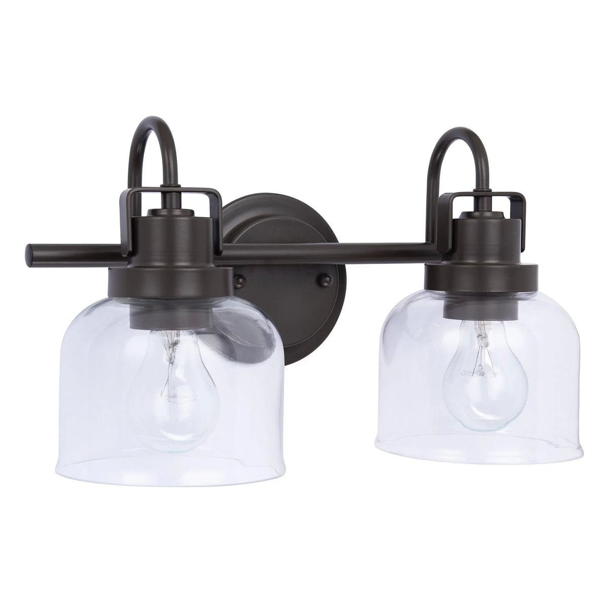 2-light bathroom vanity sconce with oil-rubbed bronze arms and clear glass shades