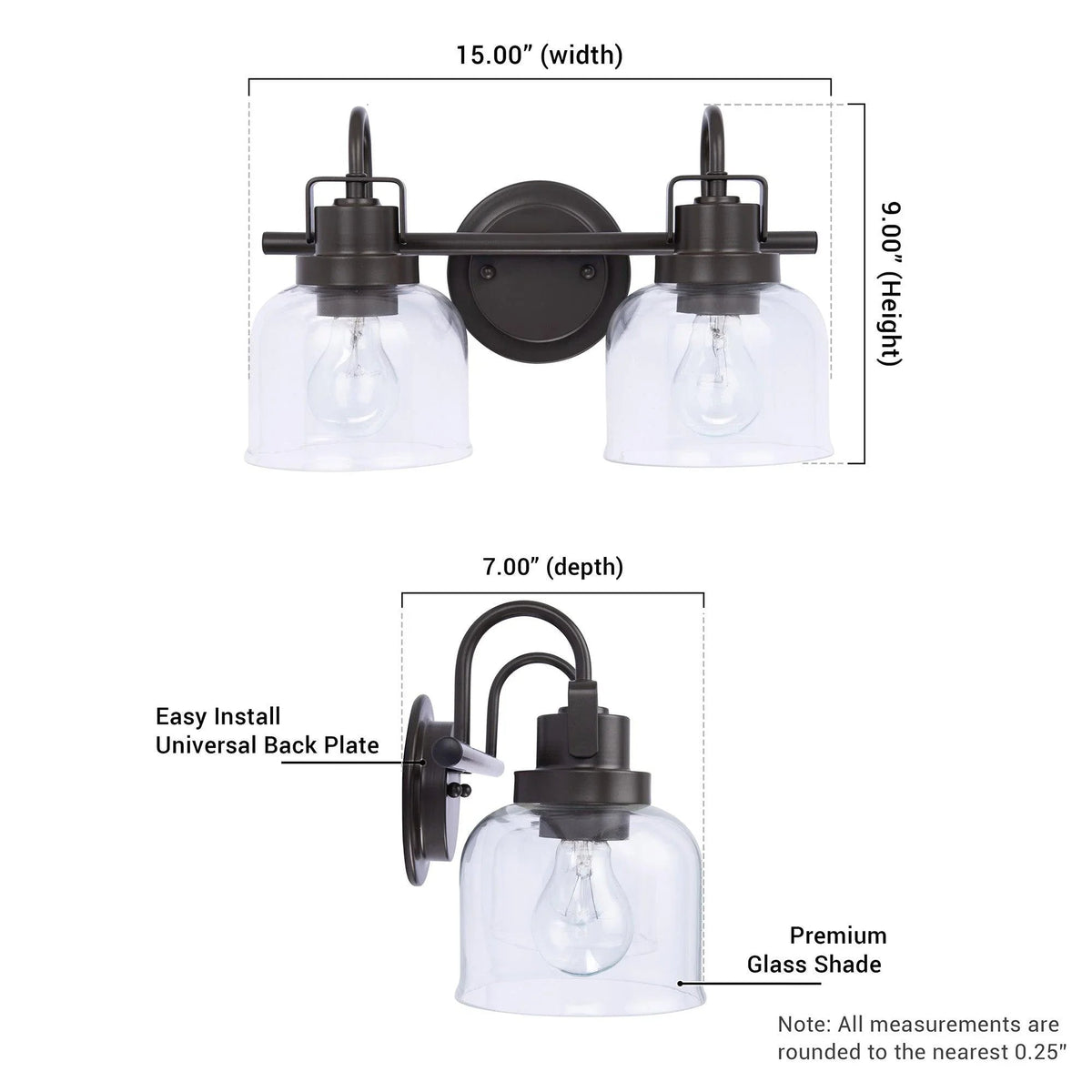 2-light bathroom vanity sconce with clear glass shades and oil-rubbed bronze mounting plate