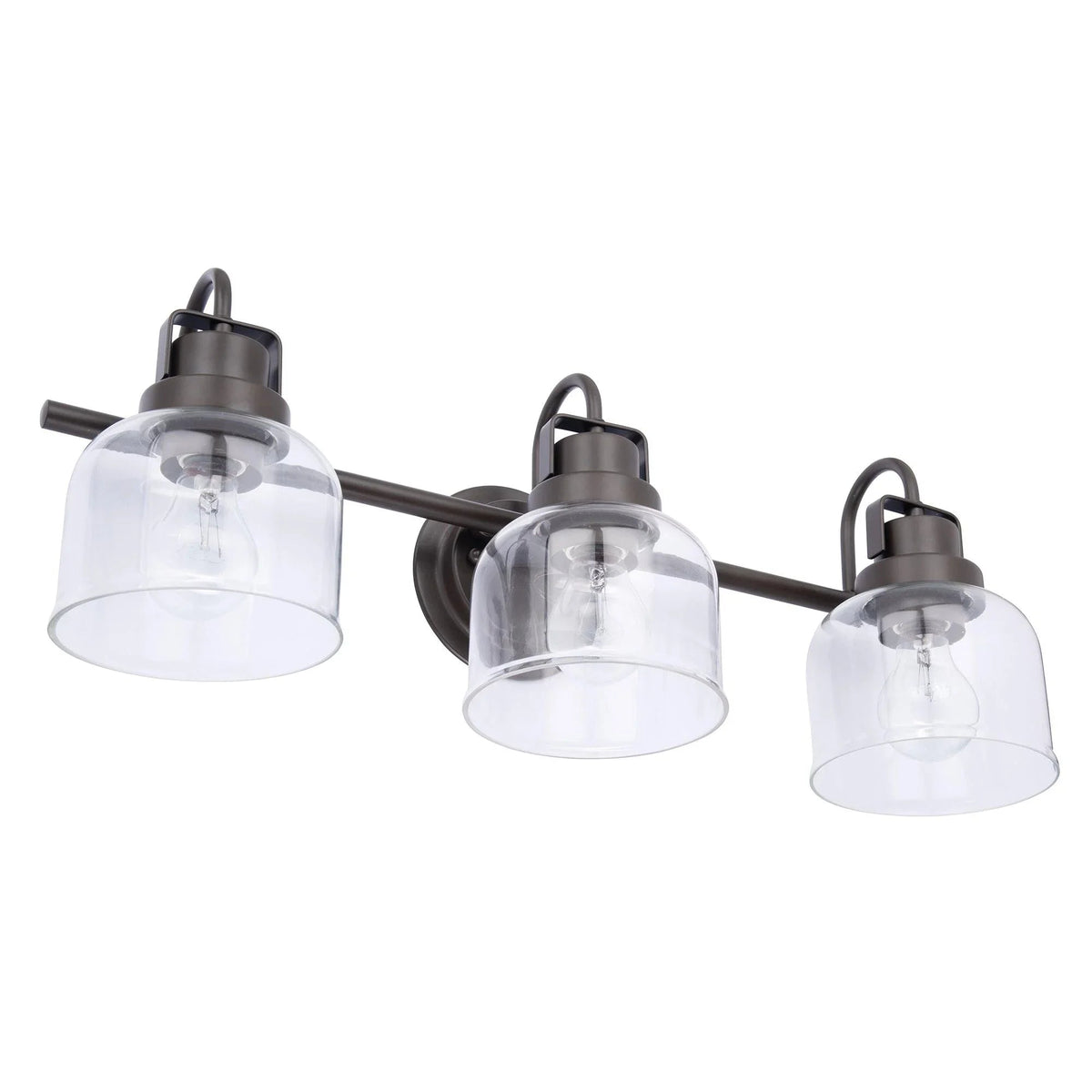 3-light bathroom vanity light with dark bronze bar and clear glass shades