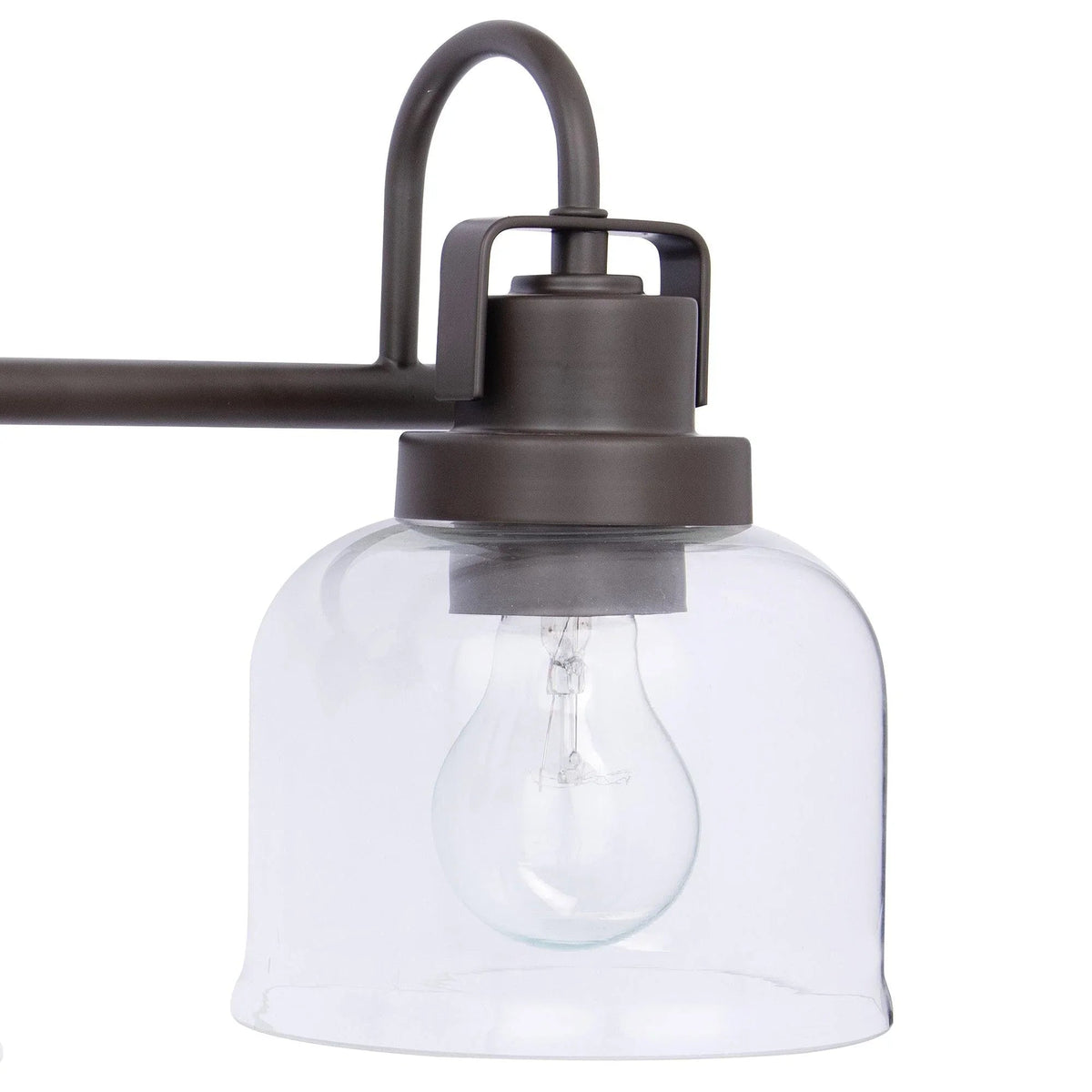 Close-up of dark bronze 3-light vanity light socket and clear glass shade