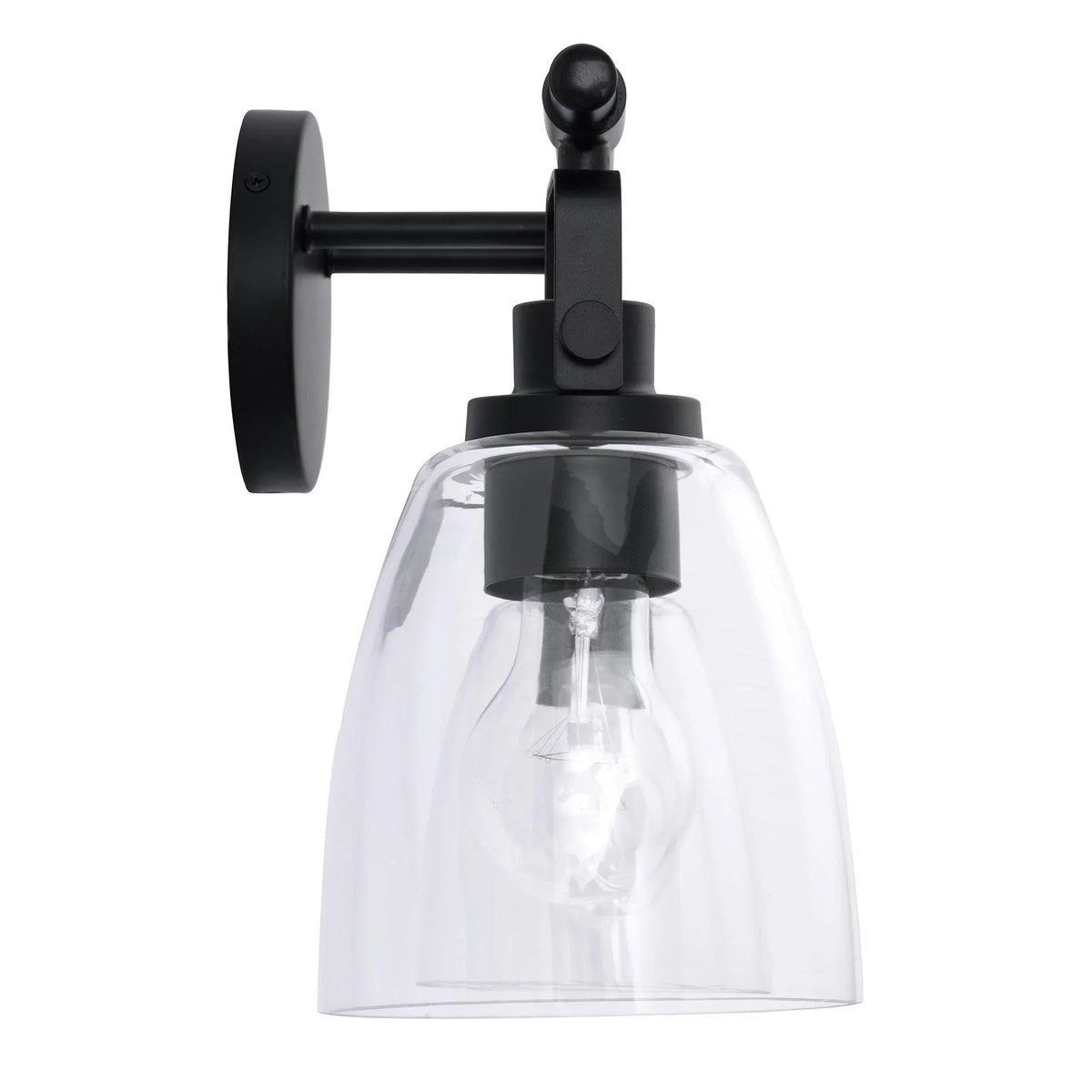 Black wall-mounted vanity light with clear glass shade and cylindrical socket