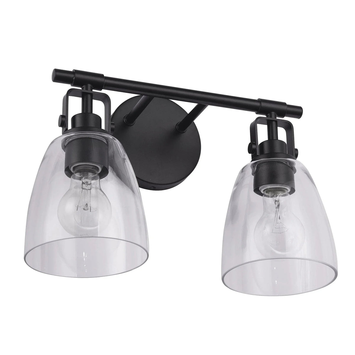 Black 2-light vanity light with clear glass shades and round wall backplate