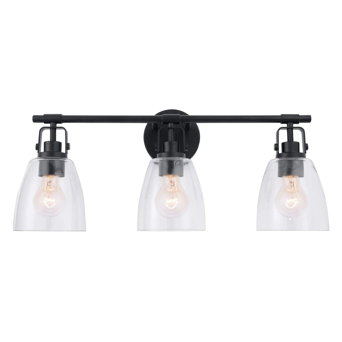 Black 3-light vanity bar with clear glass shades and visible exposed bulbs