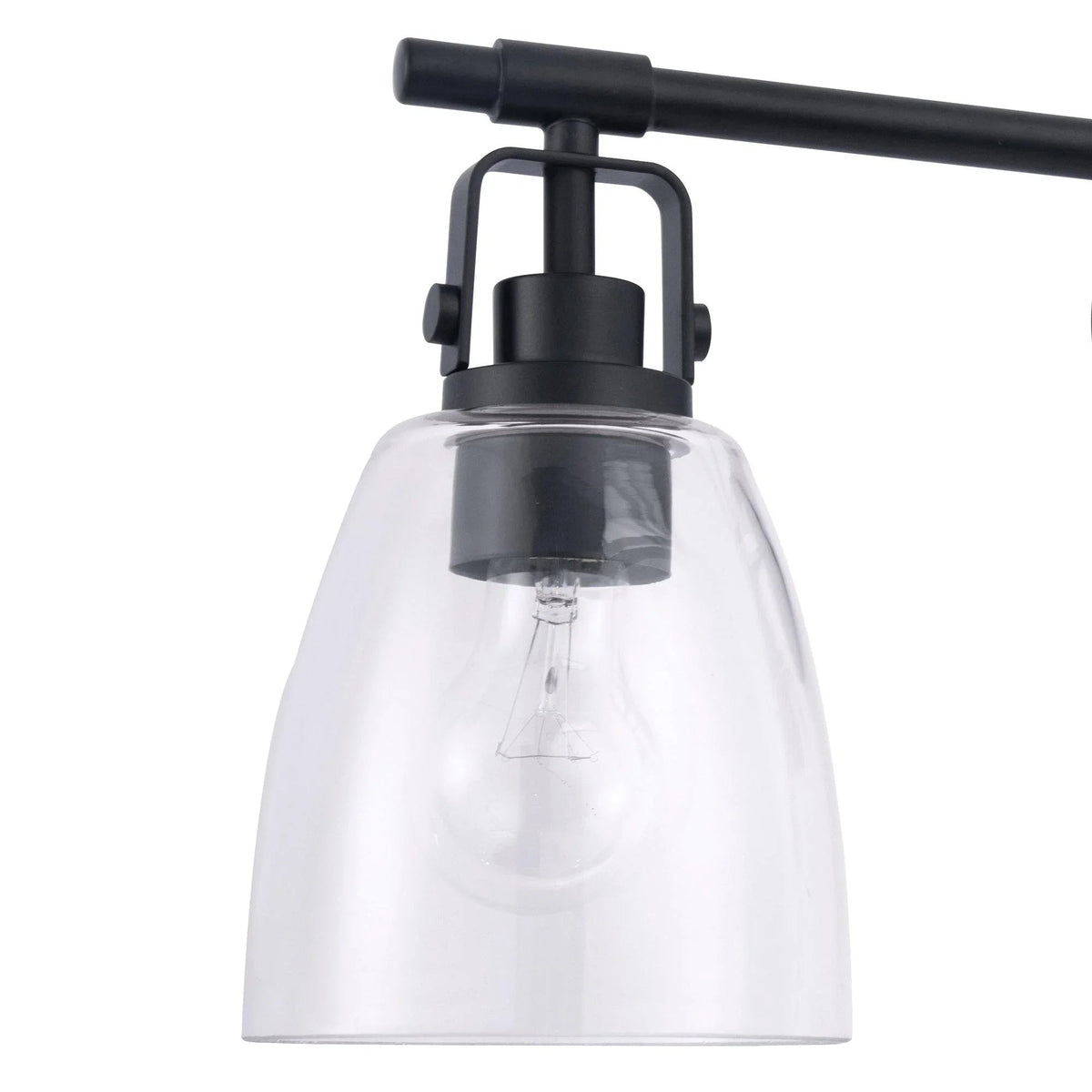 Black 1-light wall vanity sconce with clear glass shade and rounded metal backplate