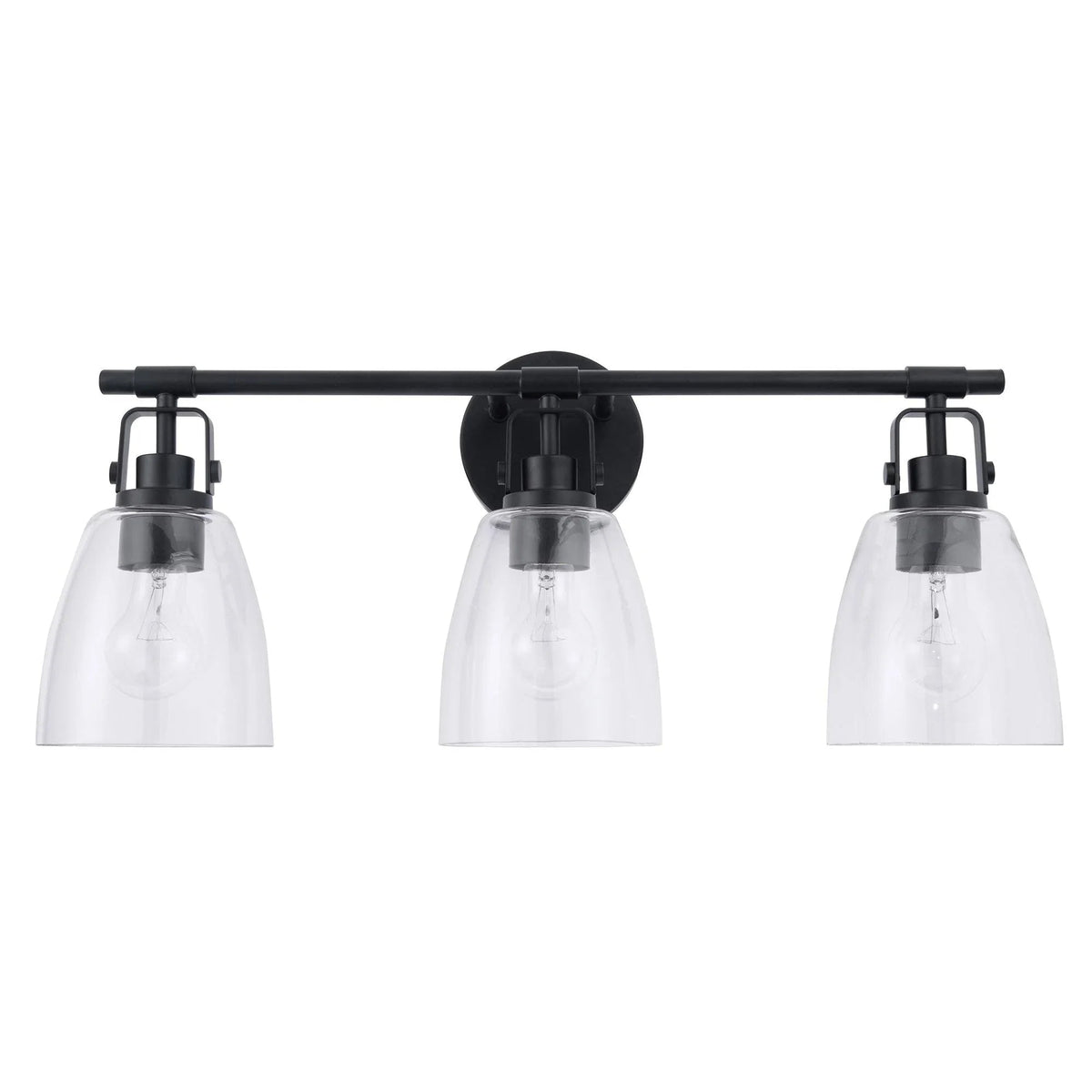 3-light vanity light with black backplate and three clear glass bell shades