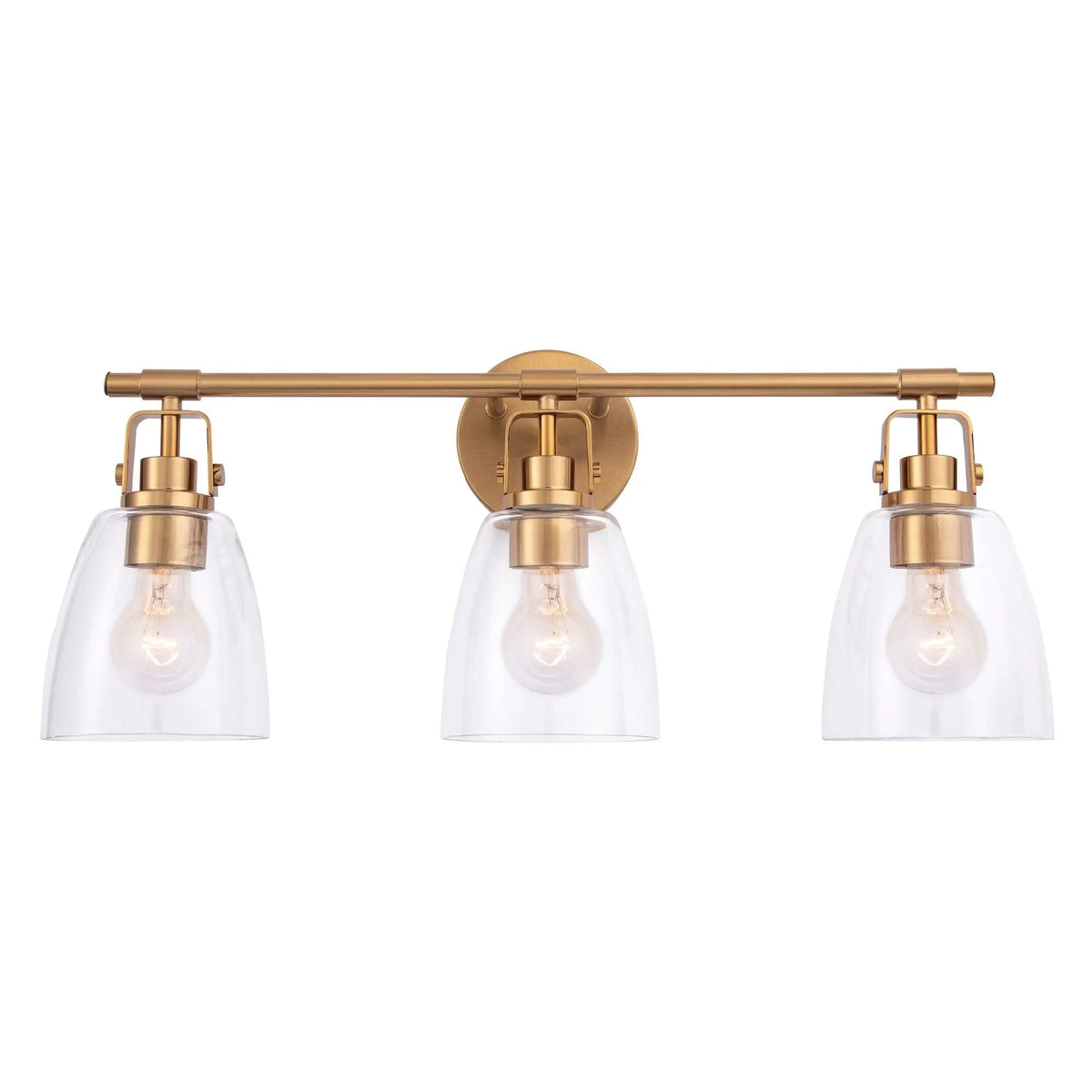 3-light vanity light with golden bar and three clear glass bell shades
