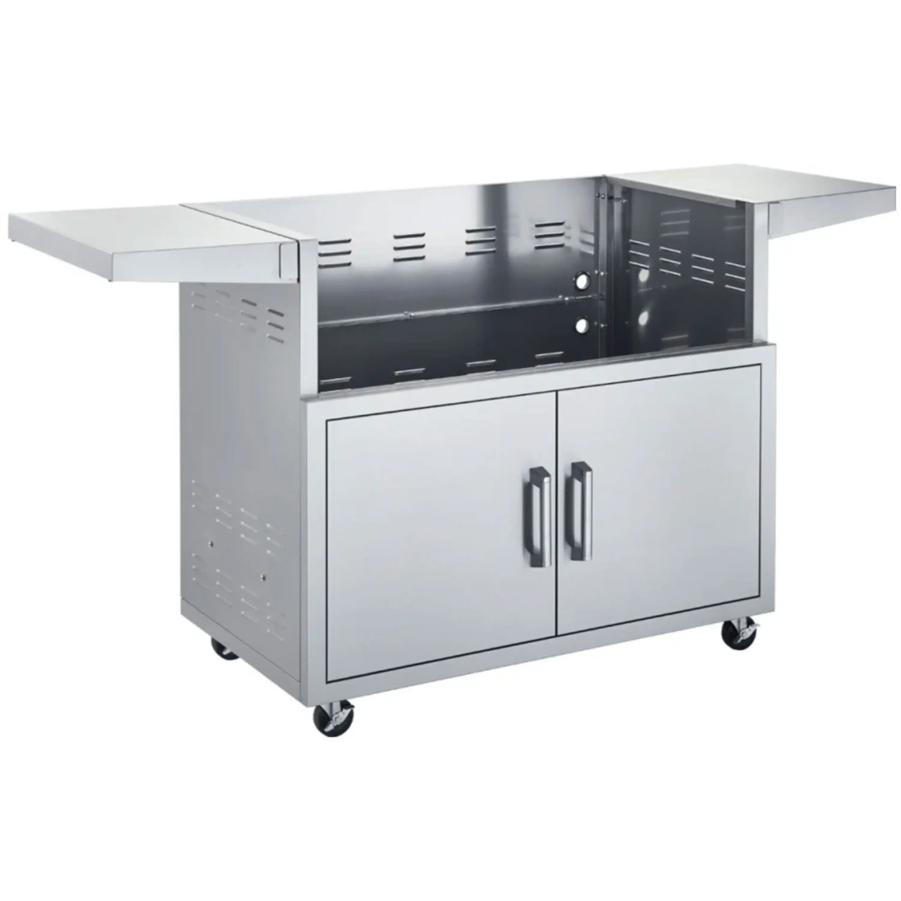 Stainless steel outdoor cart with two doors, side shelves, and wheeled base