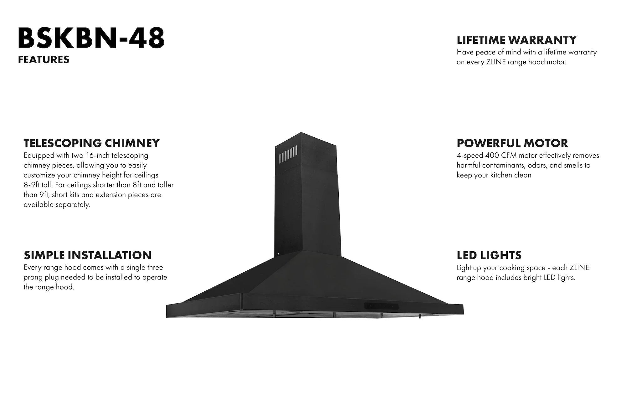 Black stainless steel range hood feature panel with chimney, motor, and LED lights.