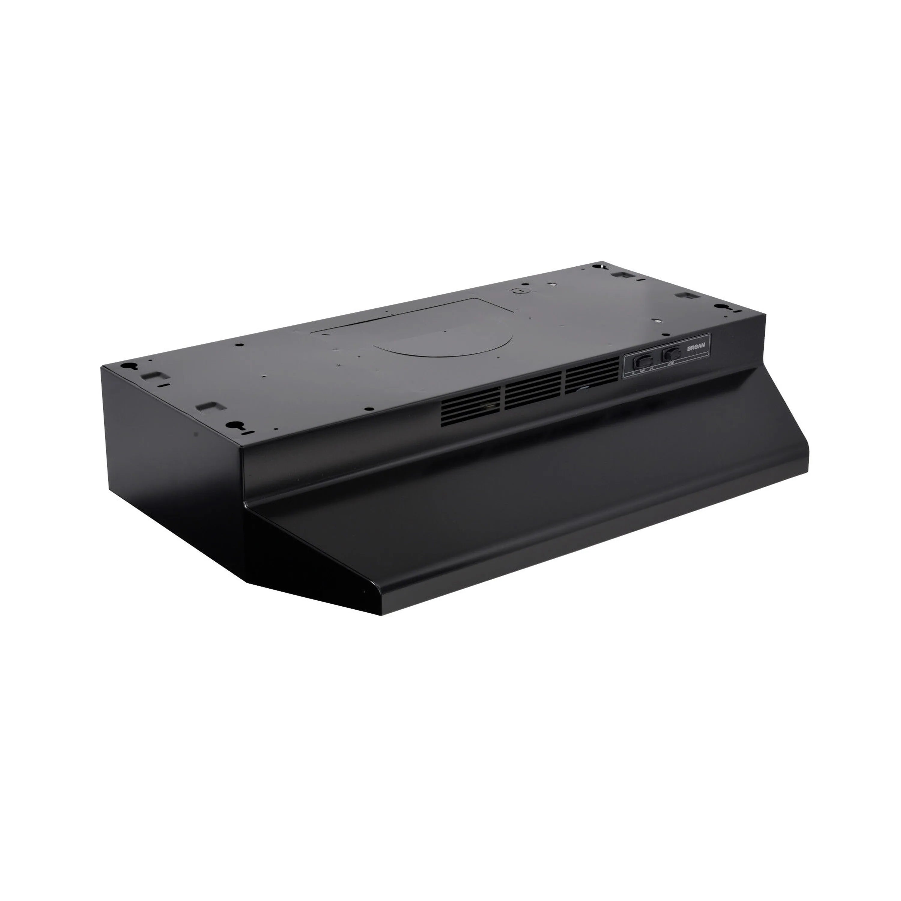 Black range hood blower housing with vent openings and mounting slots