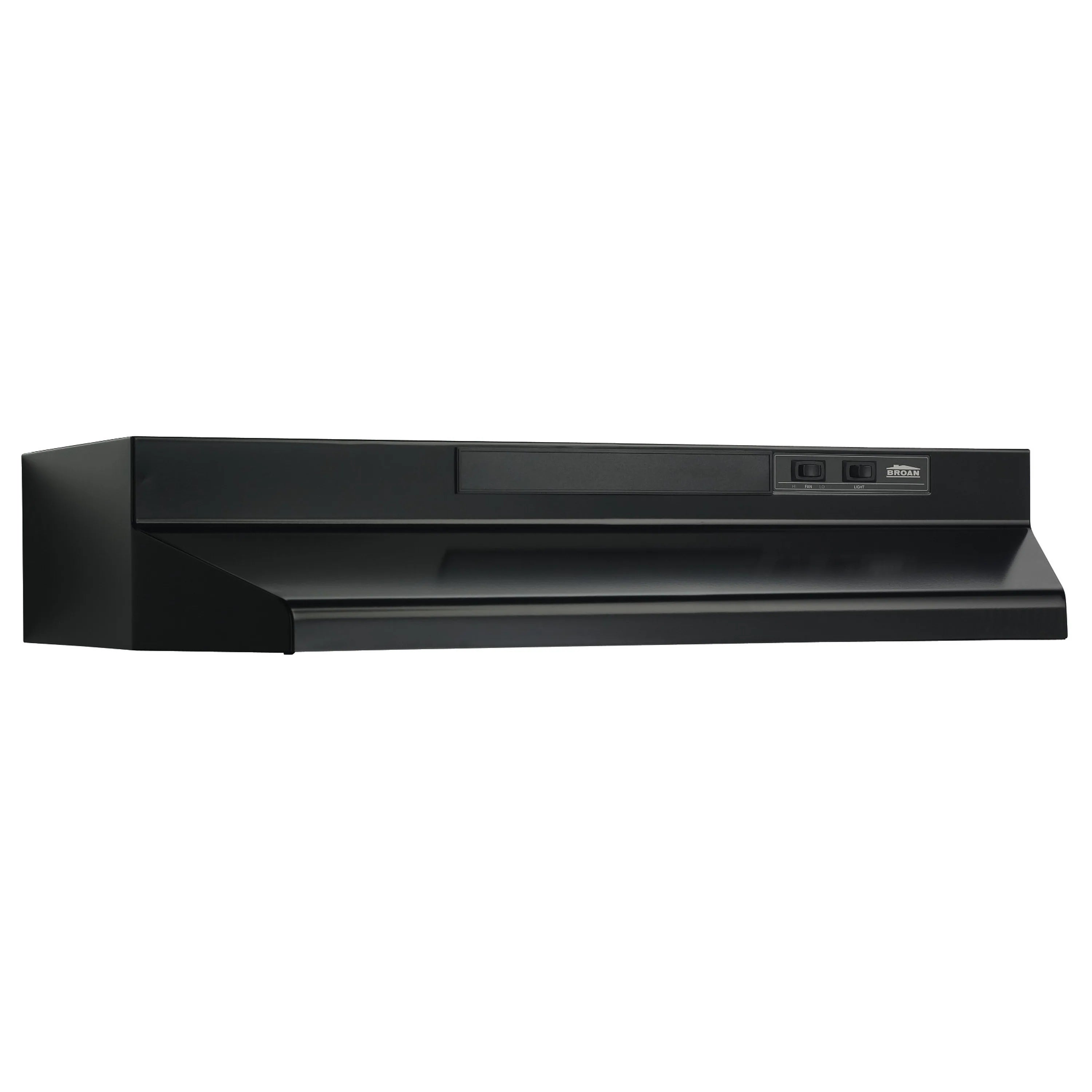 Black under-cabinet range hood canopy with control panel and side vents