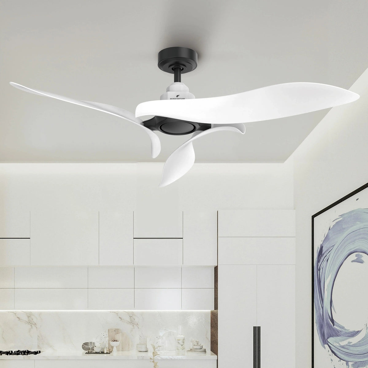 Ceiling fan with black motor center and white blades, mounted on smooth ceiling
