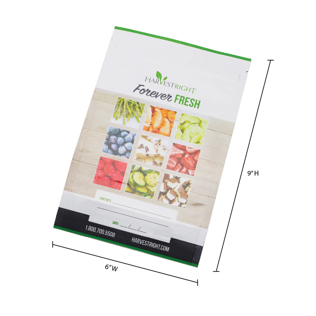 Harvest Right resealable 6x9.75-inch mylar bag with 6W x 9H size markings and Forever Fresh artwork