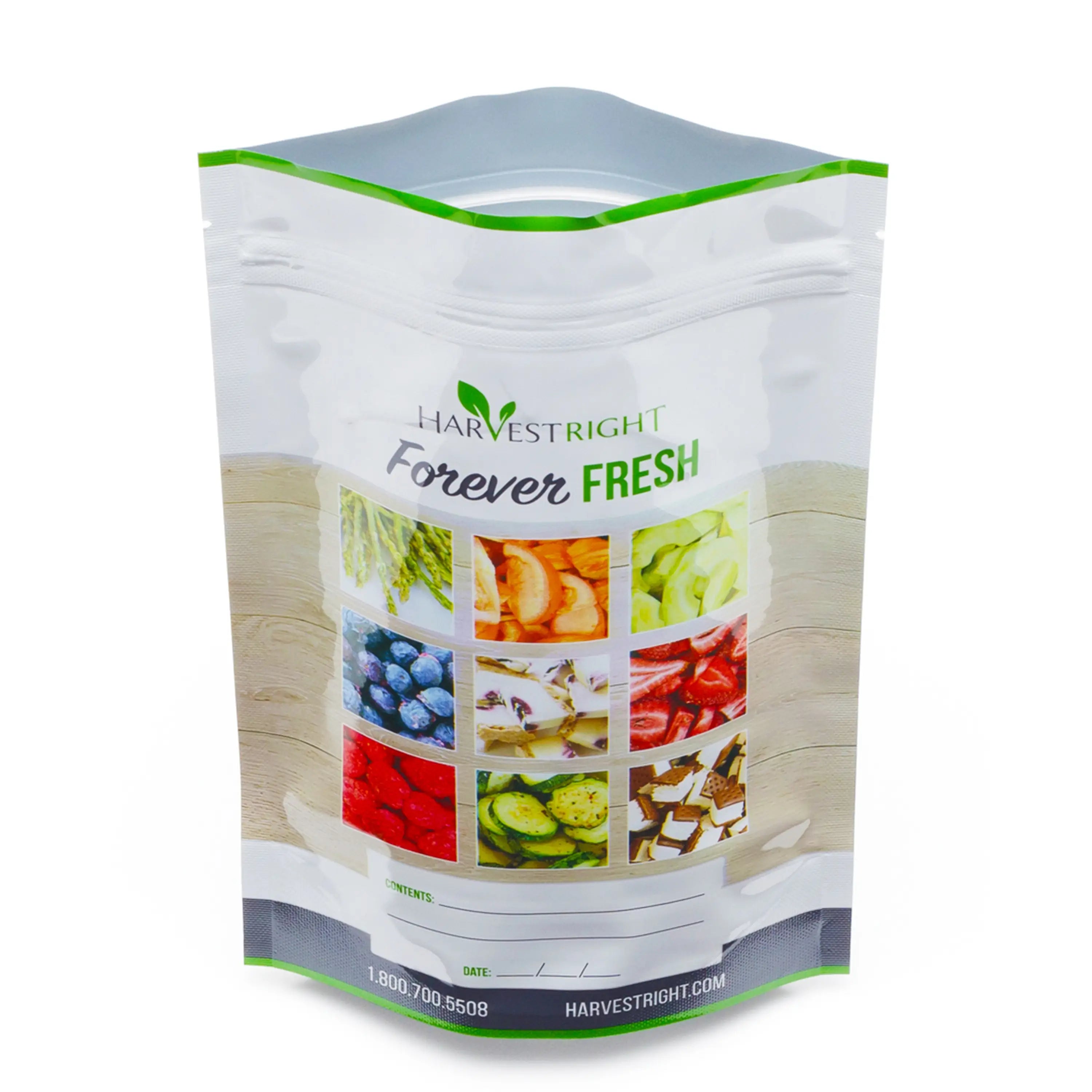 Harvest Right resealable 6x9.75-inch mylar bag, white with green trim and Forever Fresh label