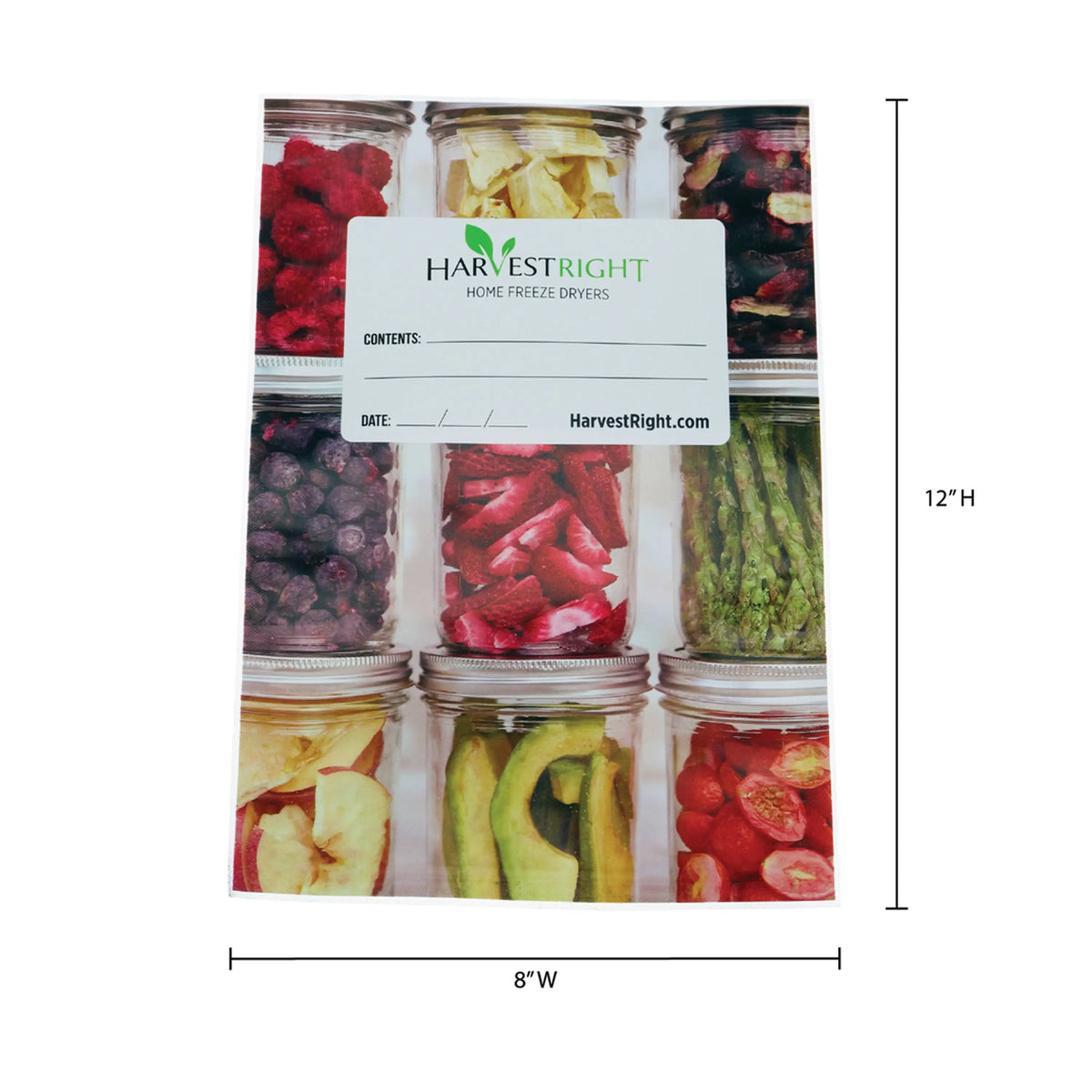 Mylar food storage bags pack, 8 in W x 12 in H, HarvestRight label