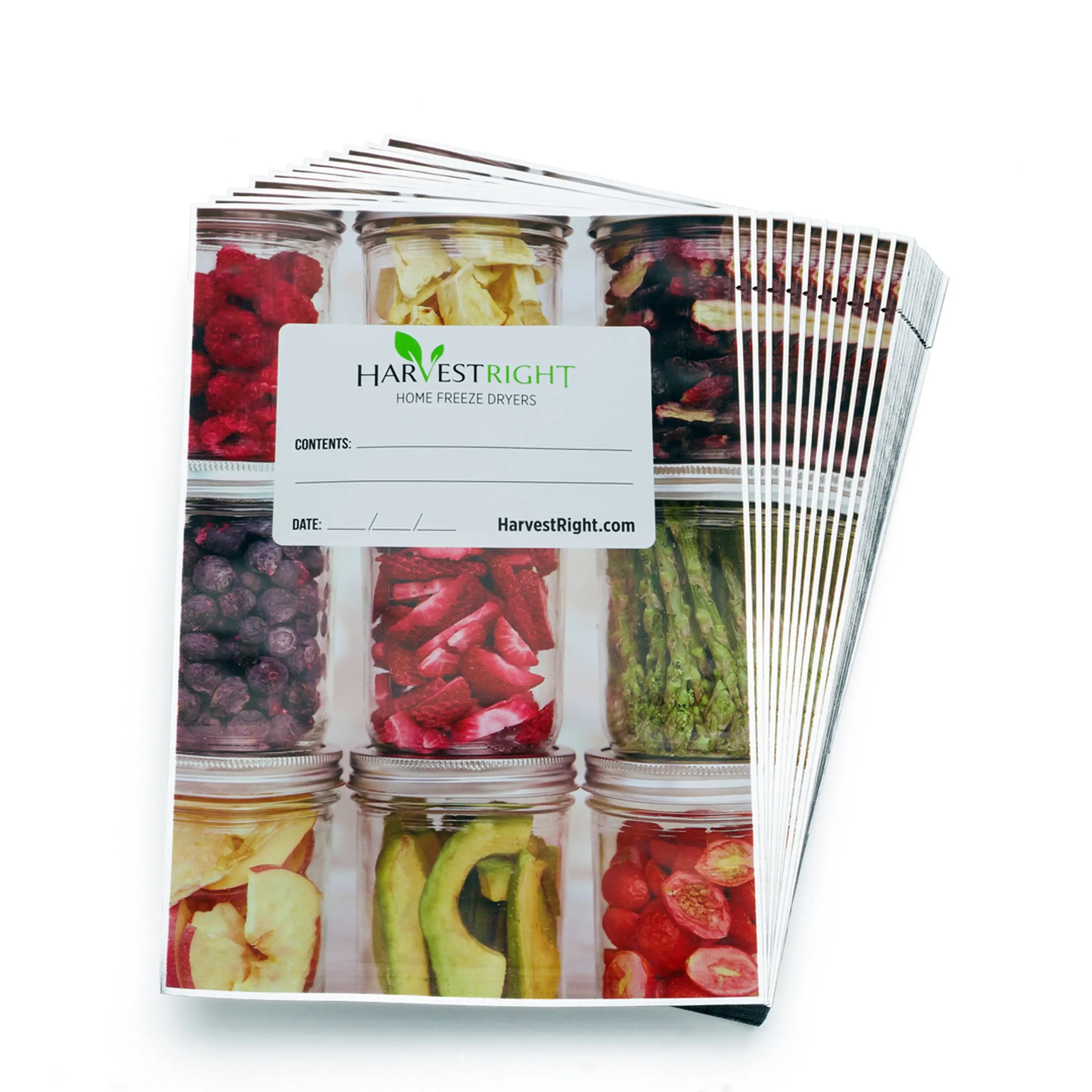 Mylar food storage bags pack with HarvestRight label and assorted food sample jars