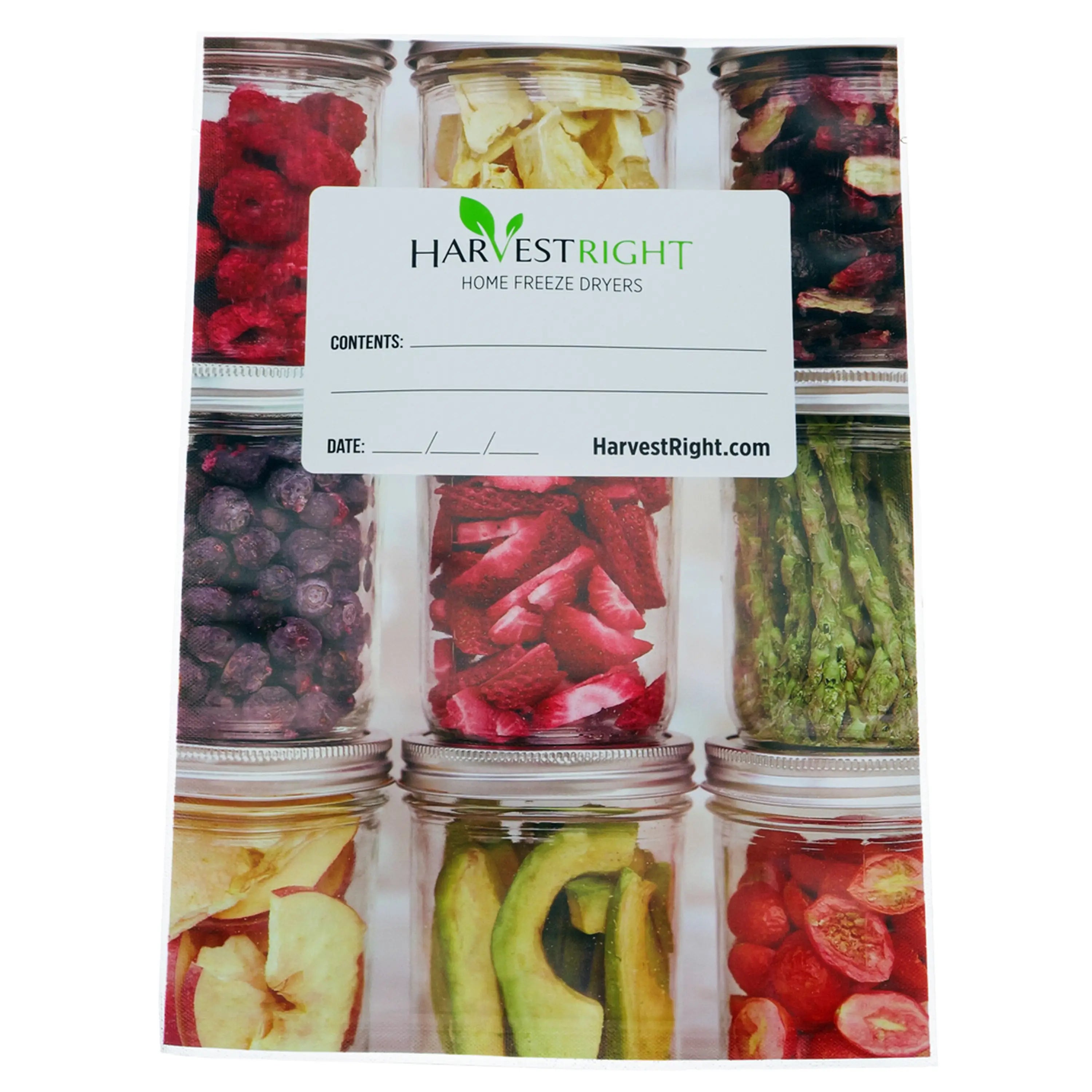 Front view Mylar food storage bags pack with HarvestRight label and three jar sections