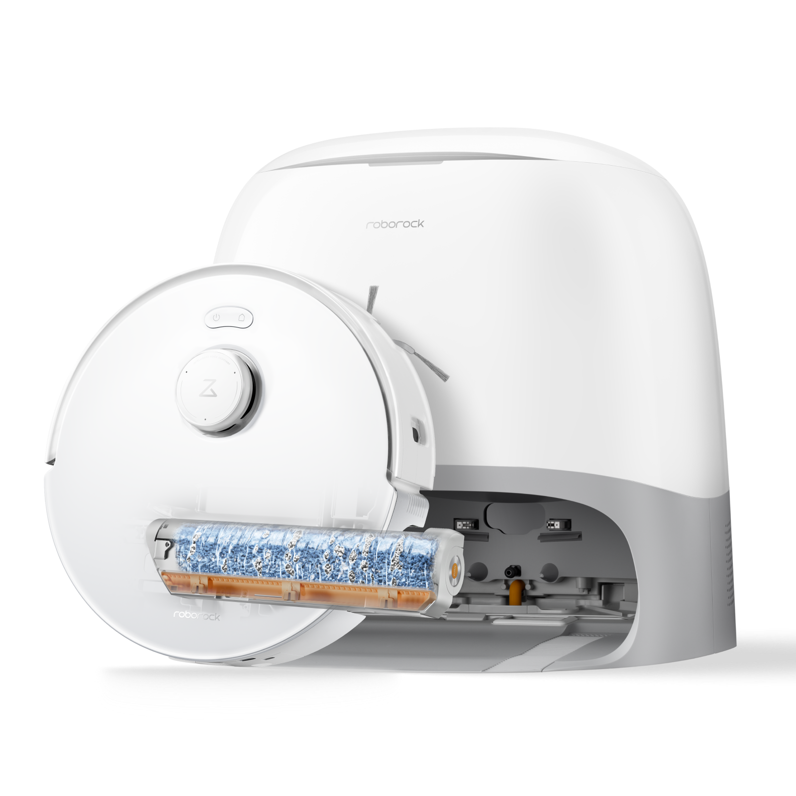 White Roborock robot vacuum with installed mopping roller beside open dock bay