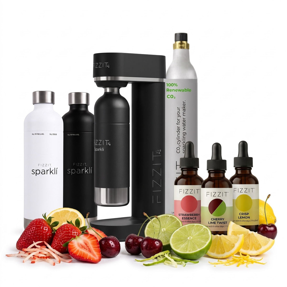 Fizzit Monarch Elite Sparkling Water Maker Bundle with 2 Stainless Steel Bottles, 60L CO2 Cylinder and 3 Flavor Drops