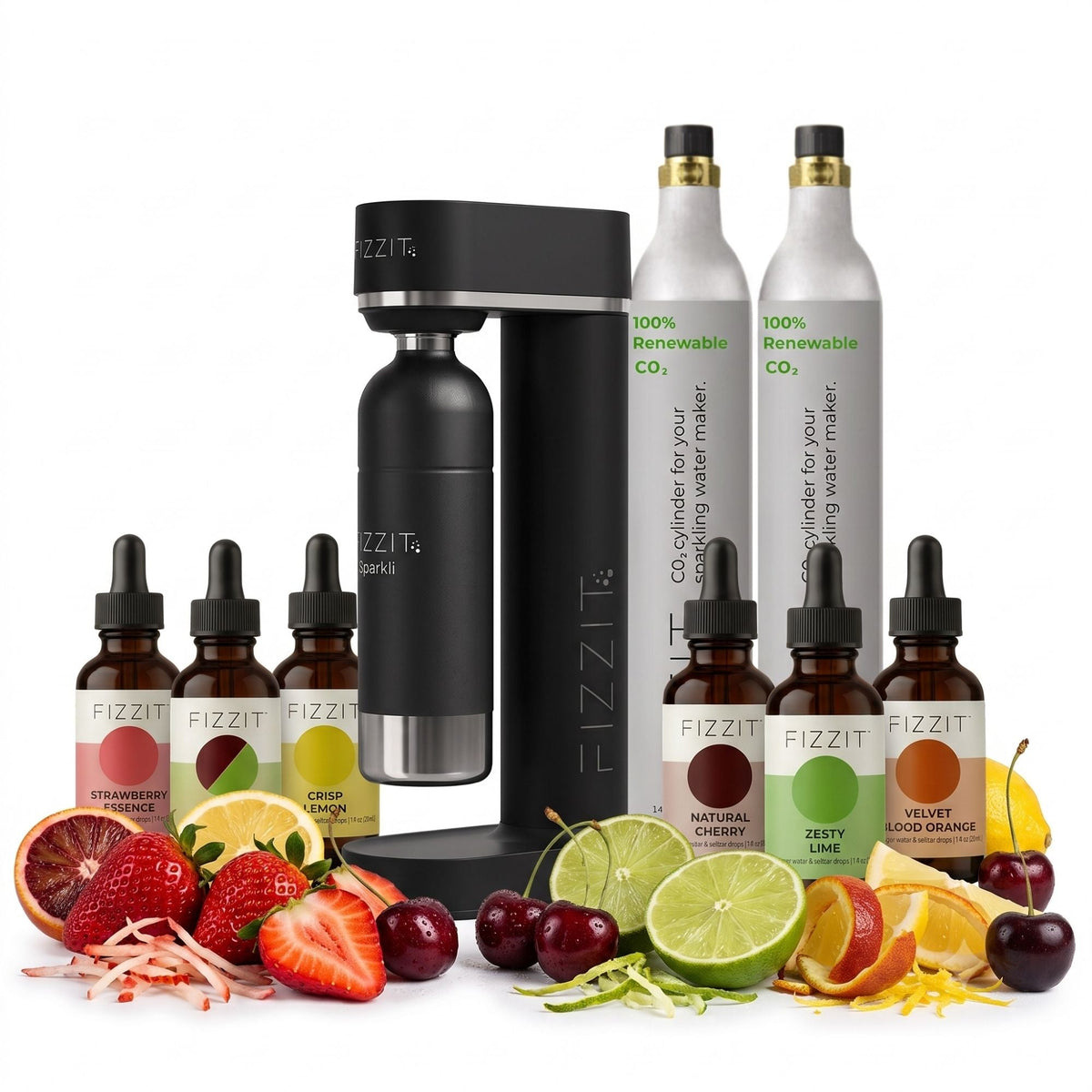 Fizzit APEX FIZZ Sparkling Water Maker Bundle with Stainless Steel Bottle, Two 60L CO2 Cylinders and 6 Flavor Drops