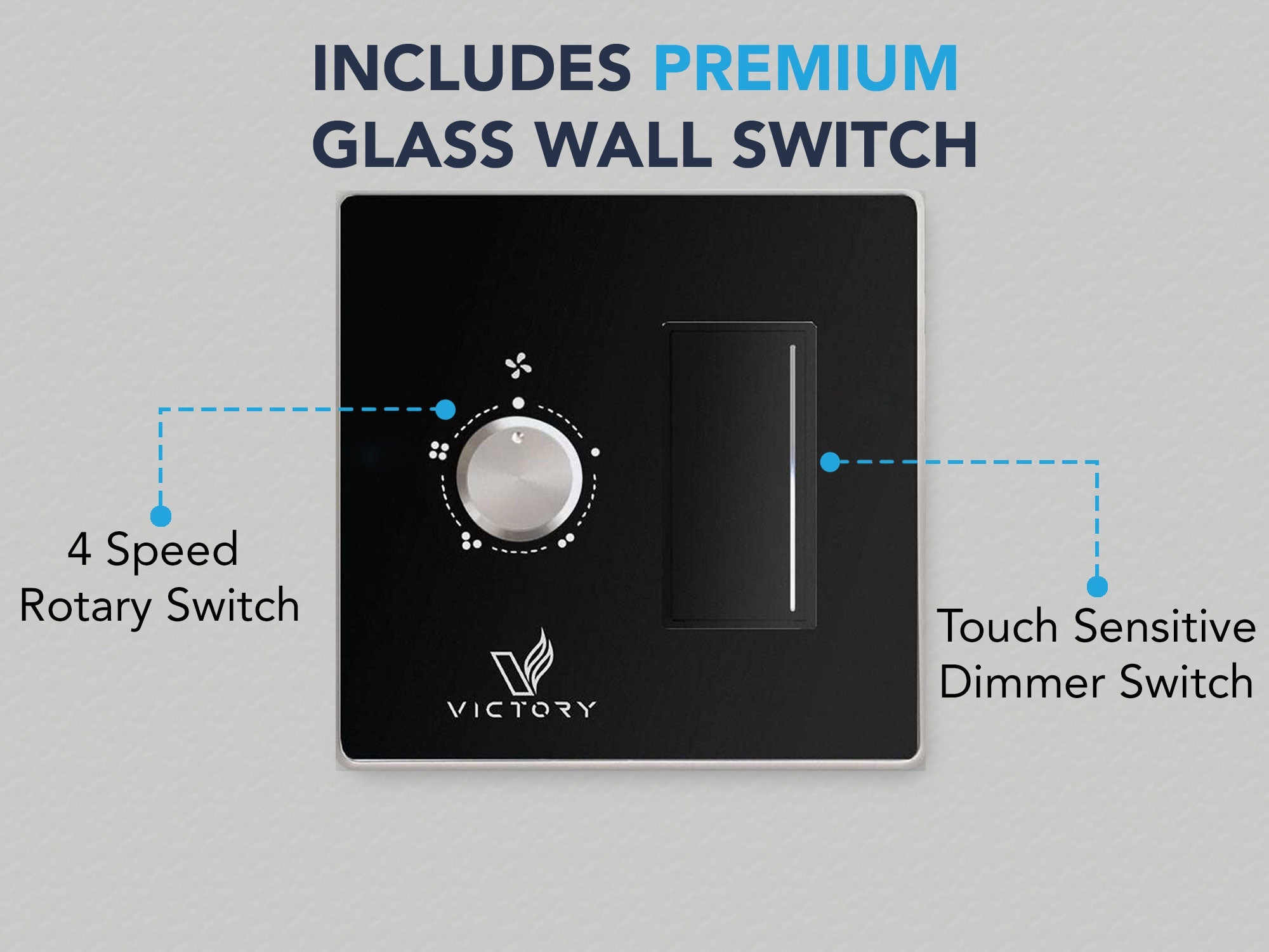Black glass wall switch with 4-speed rotary and touch dimmer control