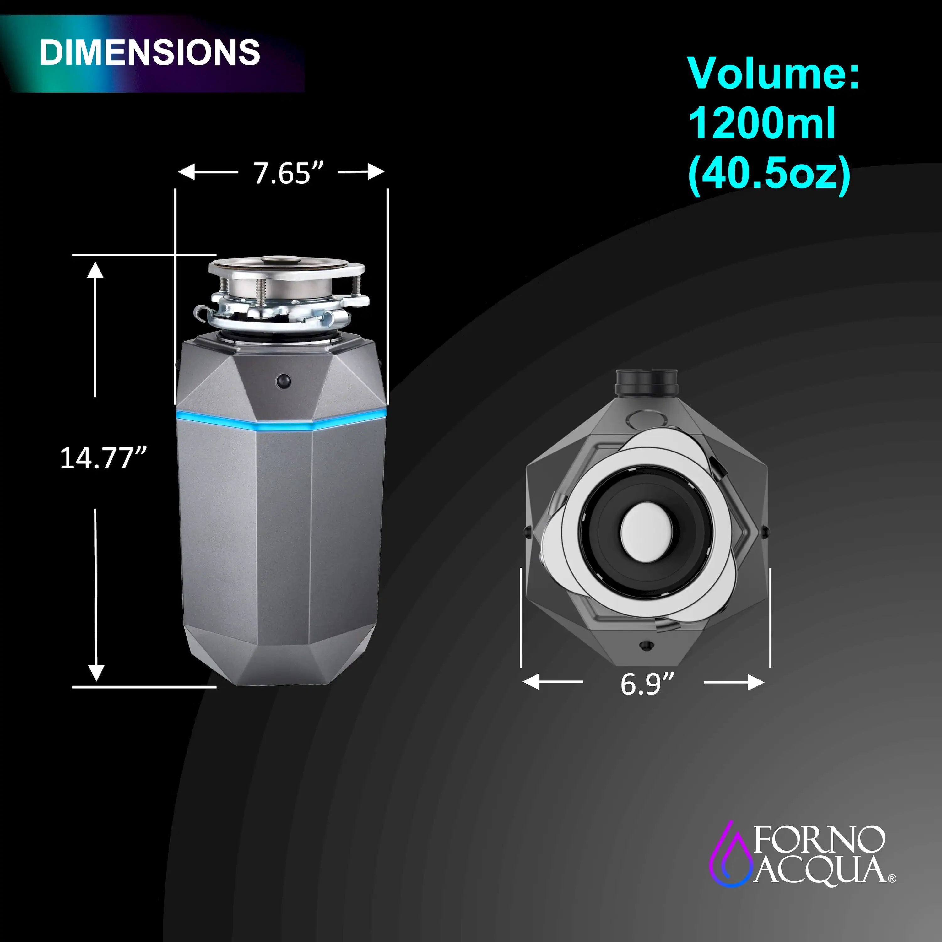 Compact garbage disposal with shown dimensions and 1200 ml volume rating
