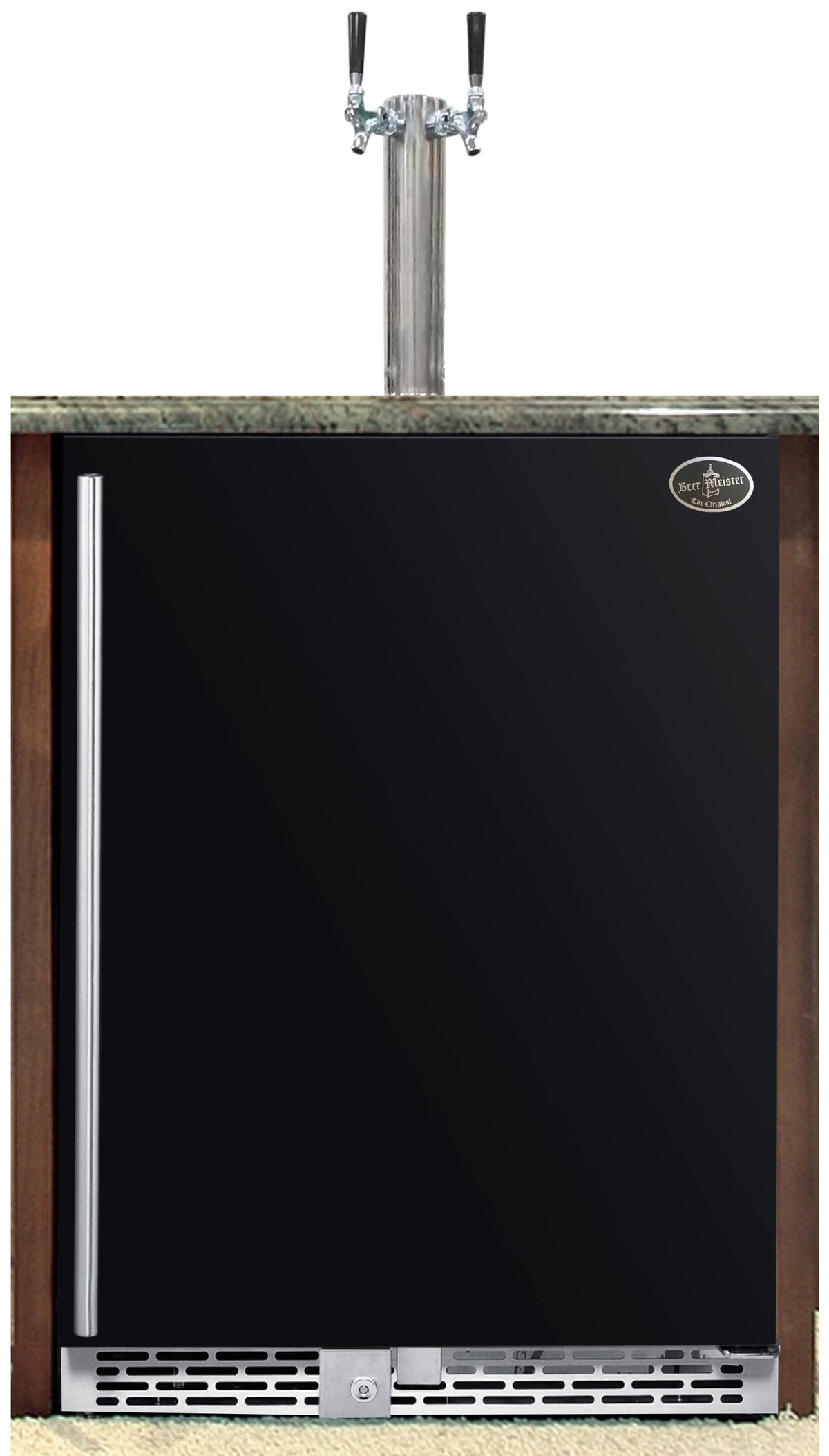 Built-in beer refrigerator with black door, digital controls, and tower draft faucets