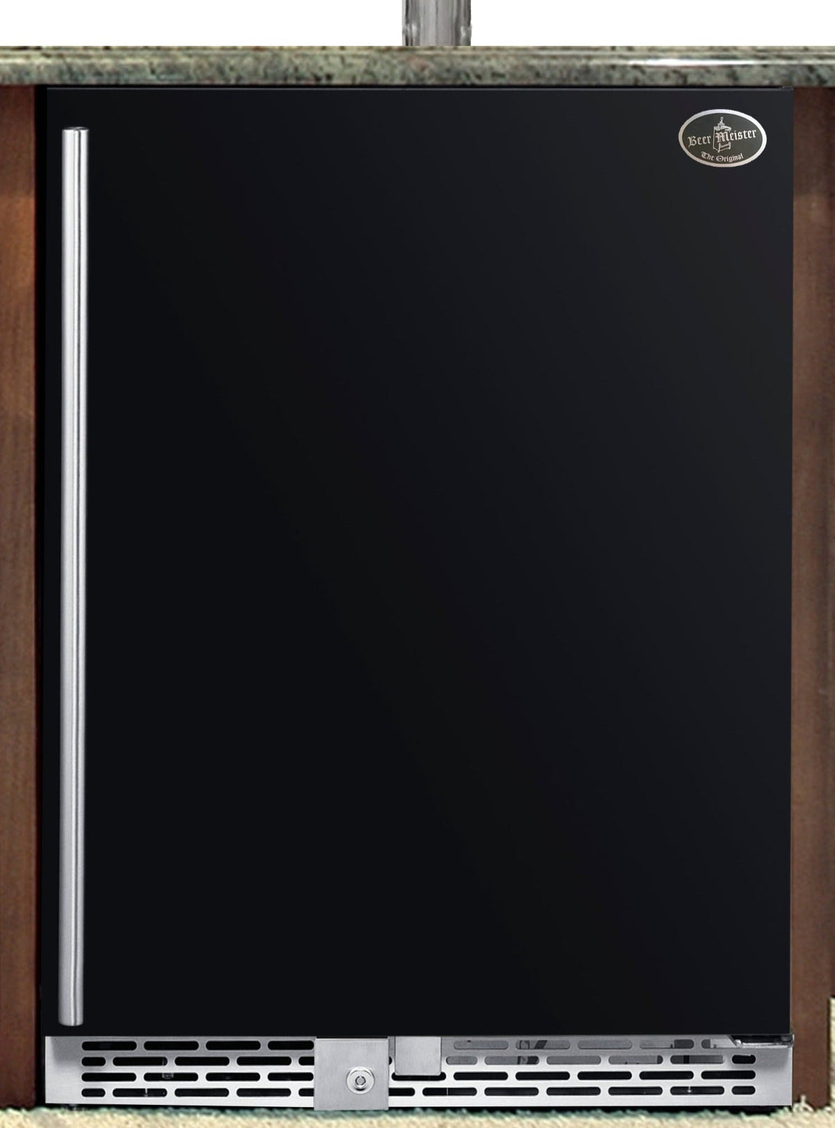 Black built-in kegerator refrigerator door with slim handle and vented grille at bottom