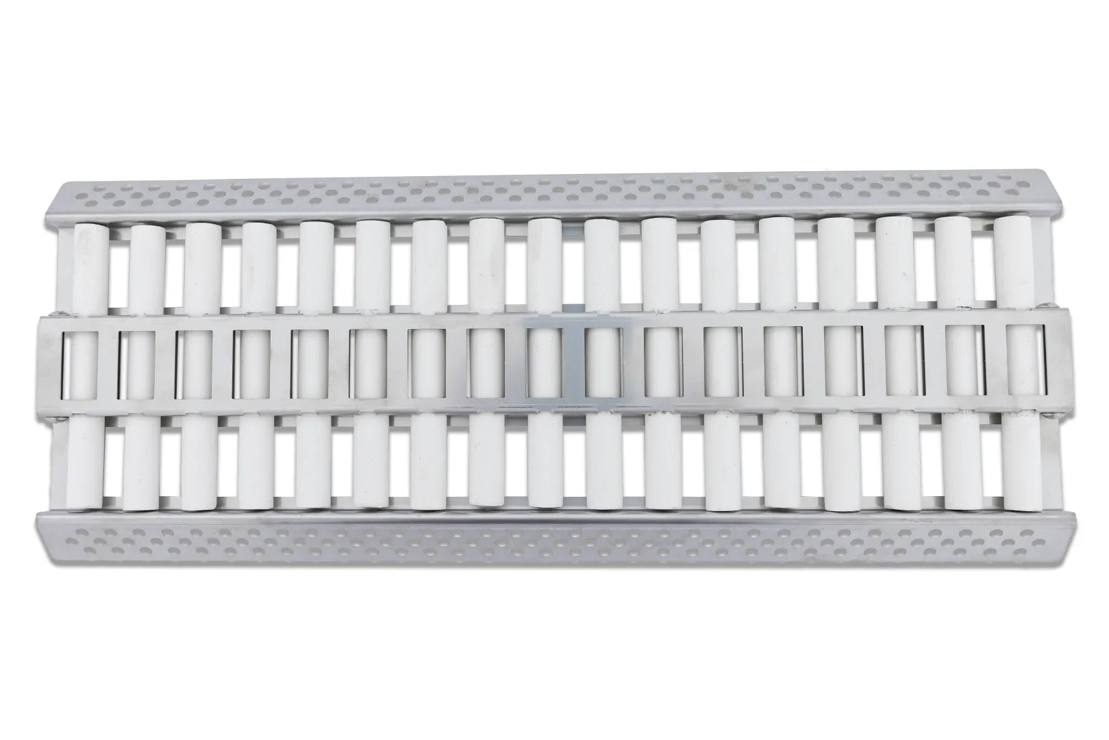Ceramic flame tamer insert, white tube rows with perforated metal side plates
