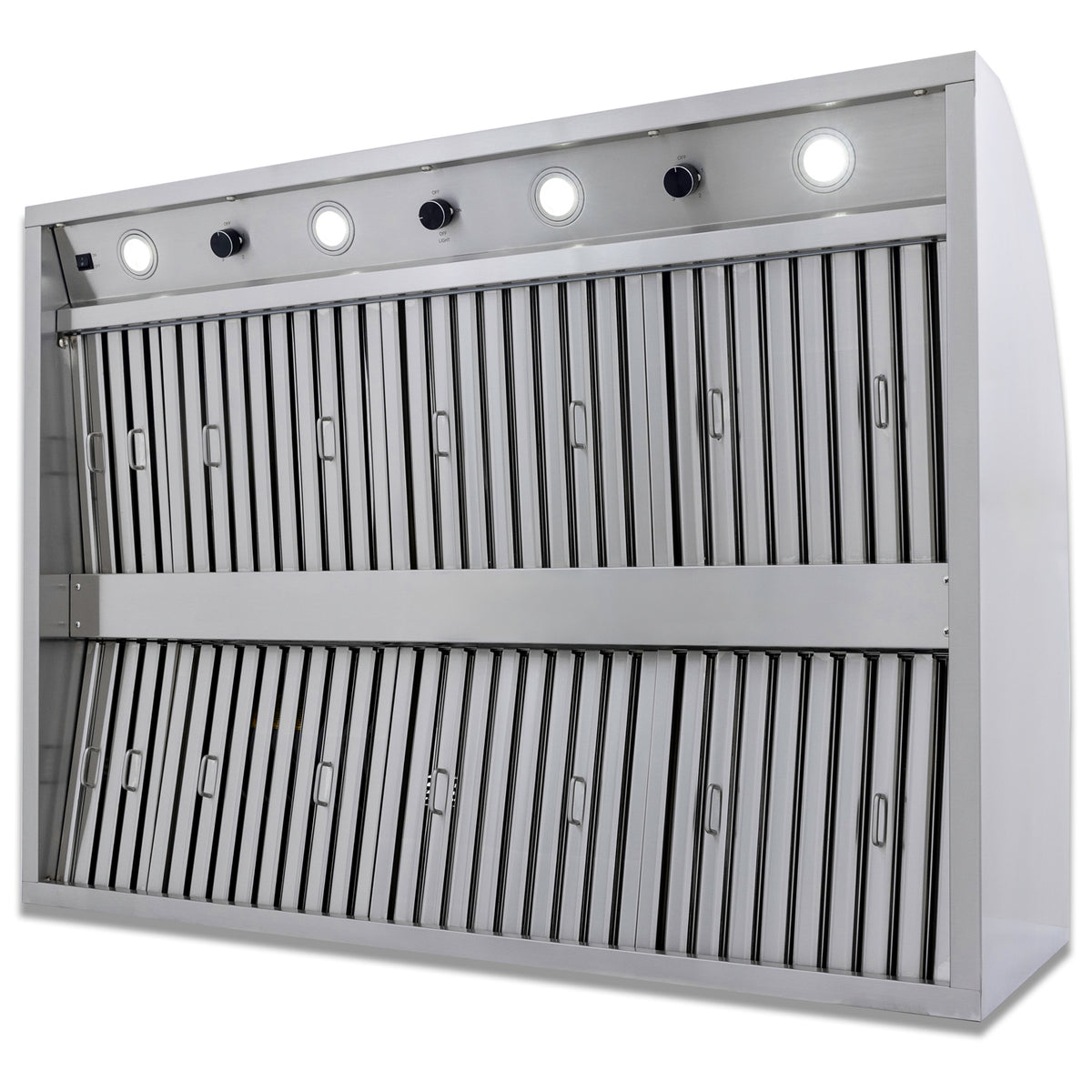 Outdoor stainless steel vent hood with grille, interior baffles, and top control row