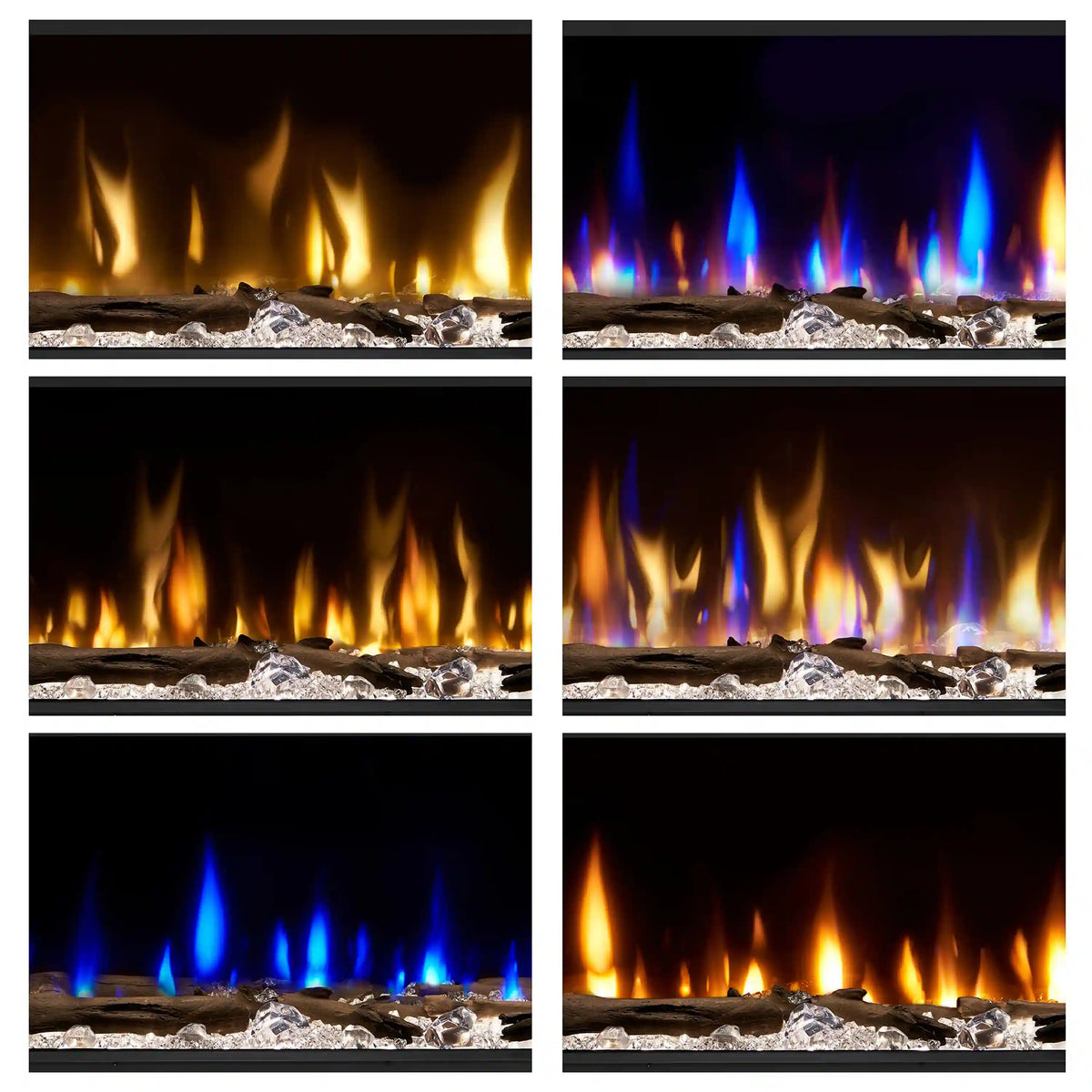 Built-in linear electric fireplace with adjustable flame colors over gray firebed