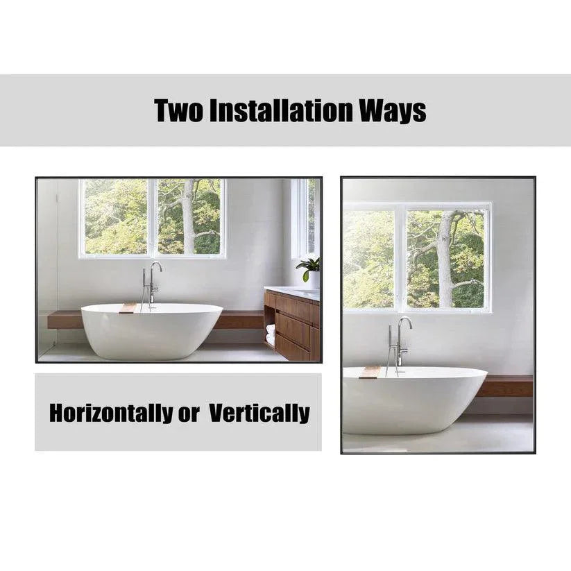 Black aluminum-framed wall mirror with sleek rectangular outline and reflective glass