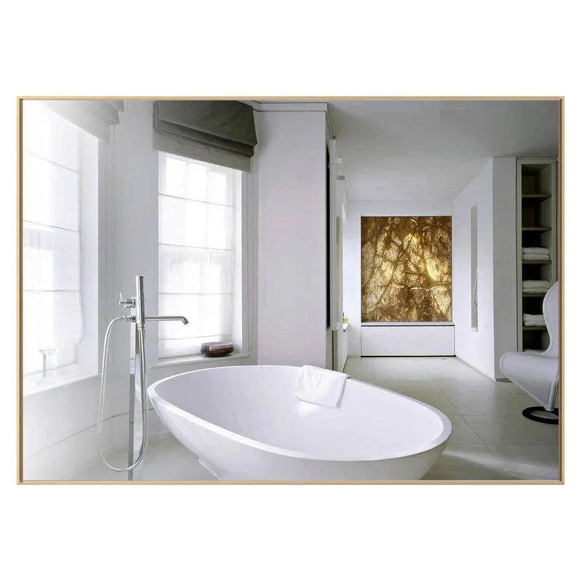 Golden aluminum-framed rectangular wall mirror with reflective glass