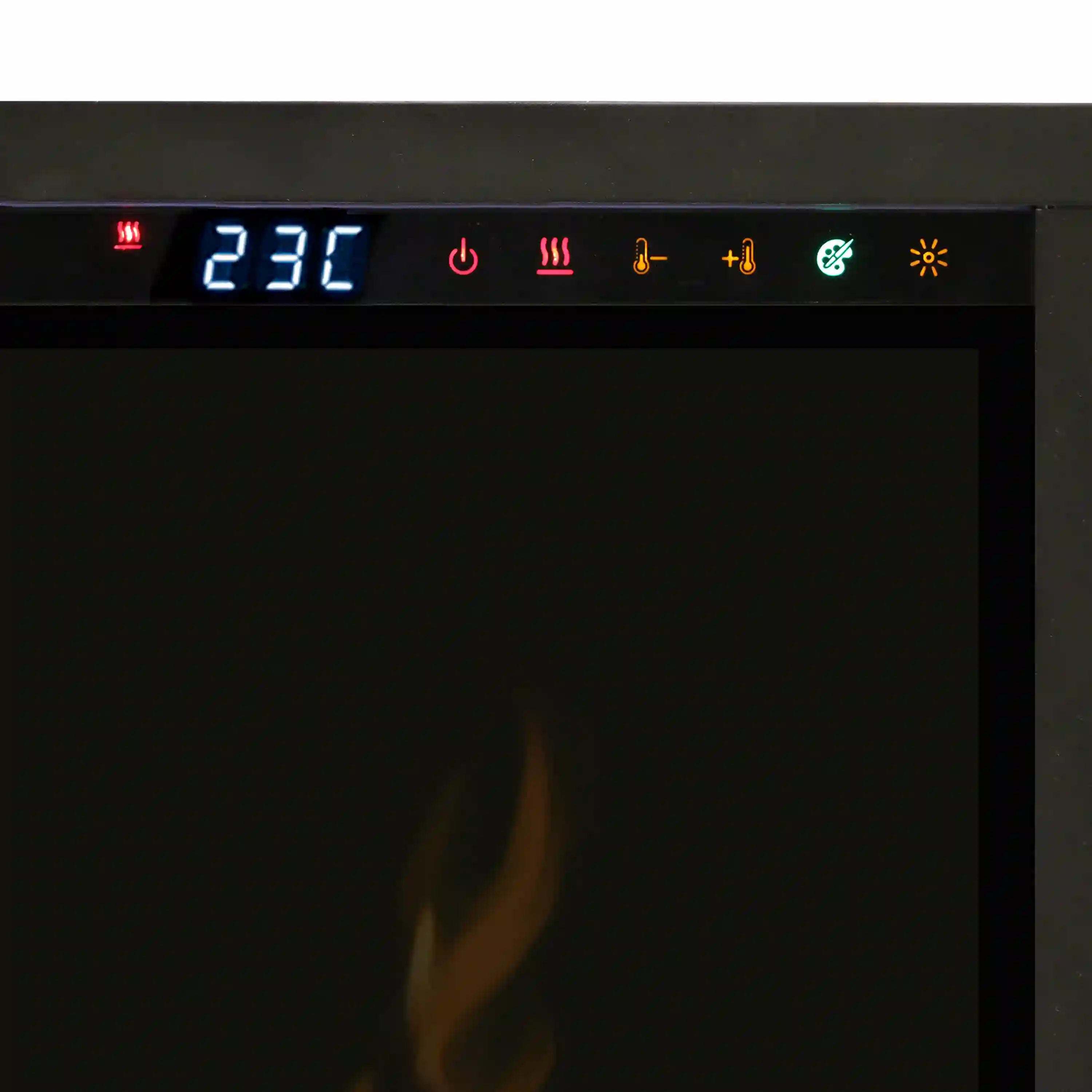Electric fireplace control panel showing 238 and flame and fan icons