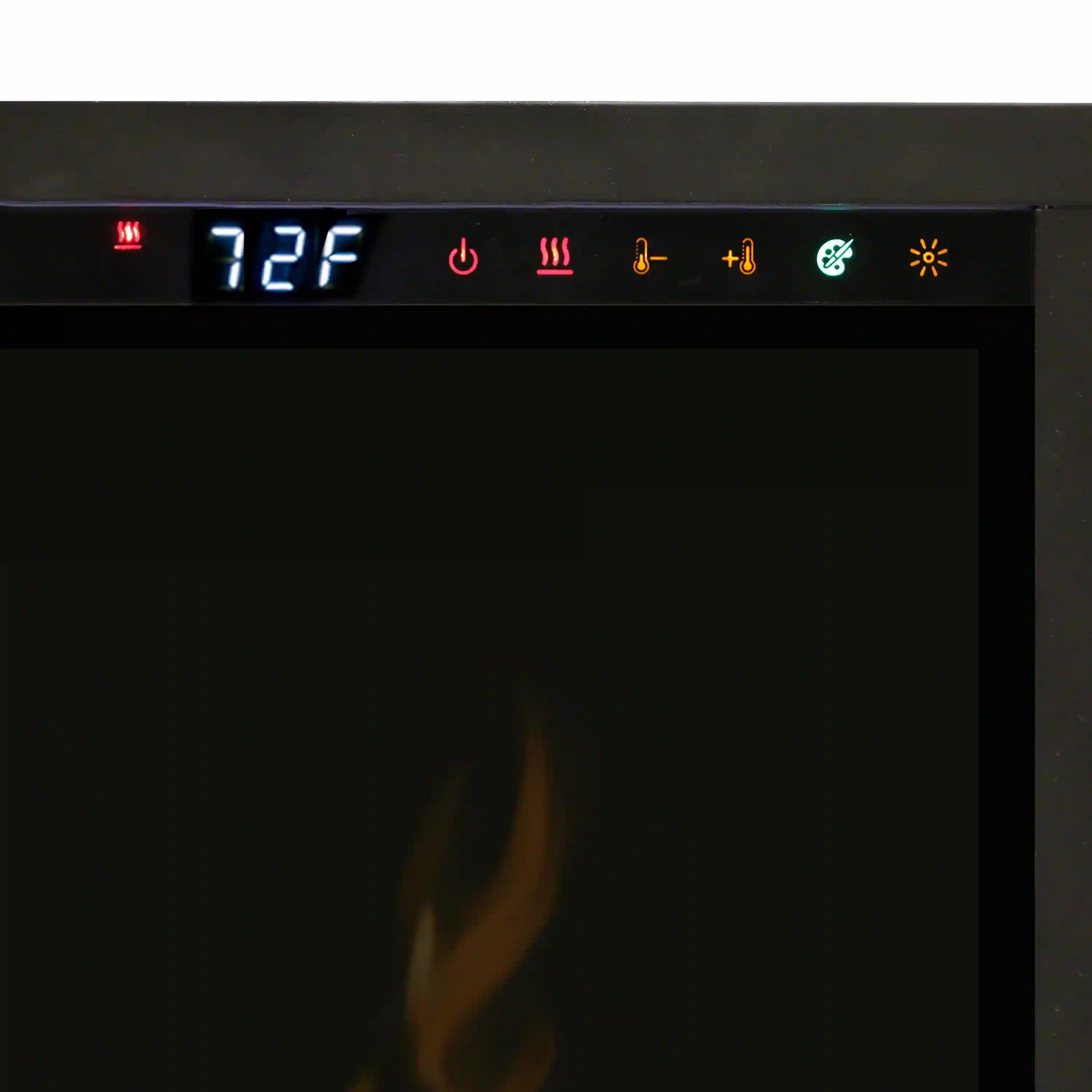 Electric fireplace control panel with digital 72F display and icons